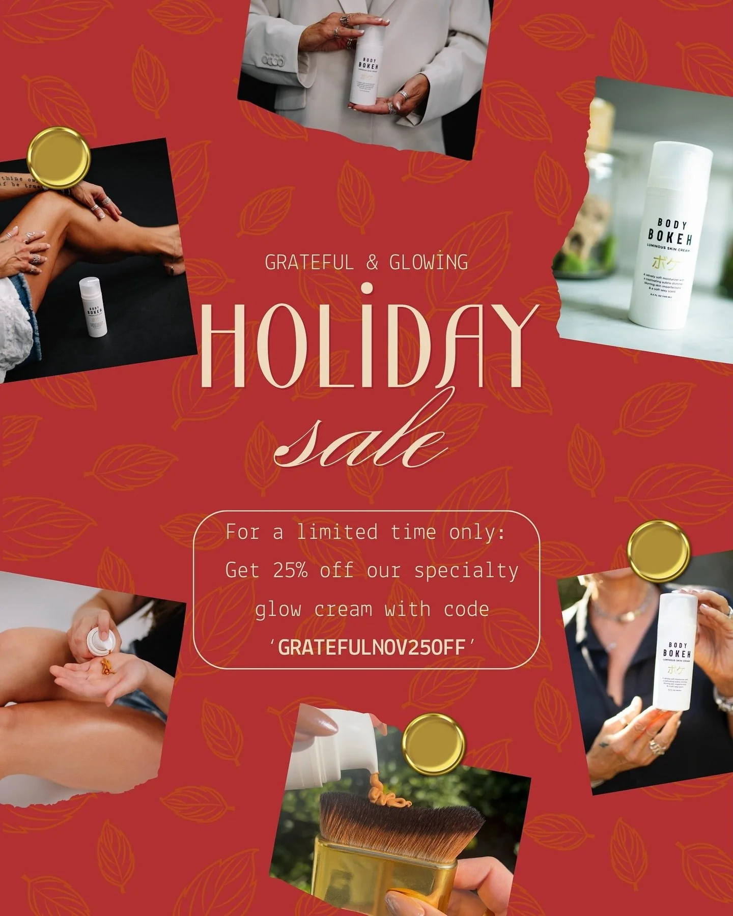 Glow into the holidays ✨ Our Grateful &amp; Glowing Holiday Sale is here! Enjoy 25% off our glow-enhancing body cream when you apply code GRATEFULNOV25OFF at checkout! 💛❀ 
#bodybokeh #radiantbodycream #holidaysale #luminousskin #bodycream