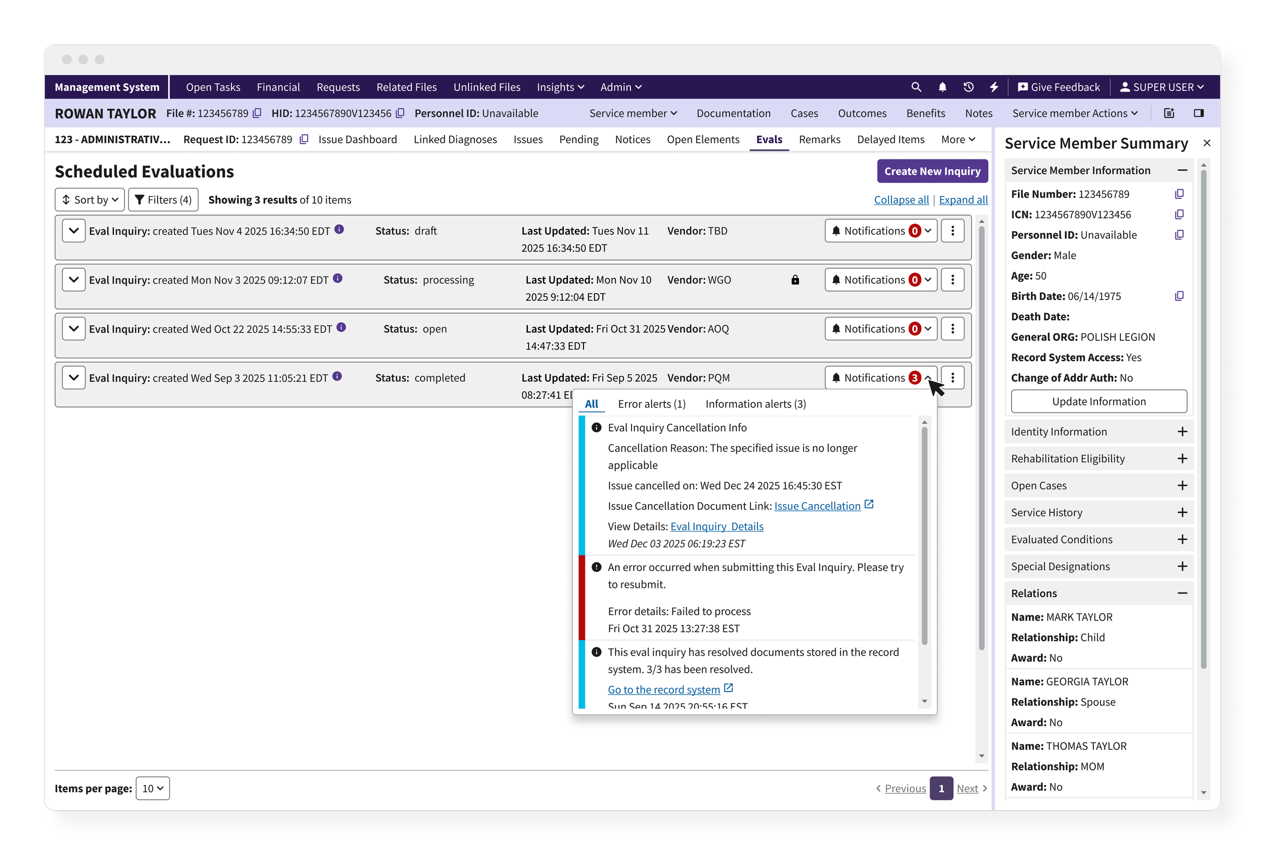 02-Scheduled Evaluations-Summary page with alerts dropdown.png
