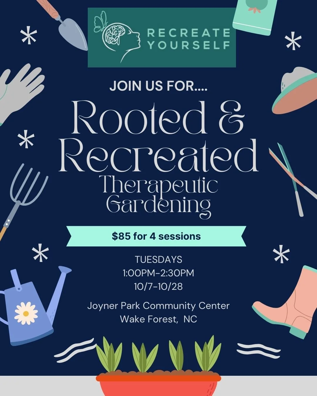 🌱✨ New Groups this October with Recreate Yourself and @wakeforestparks! ✨🖊️

Join us for two unique 4-week programs designed to help you connect, create, and grow:

🌿 Therapeutic Gardening
Dig in and let nature nurture you as you build your own pl