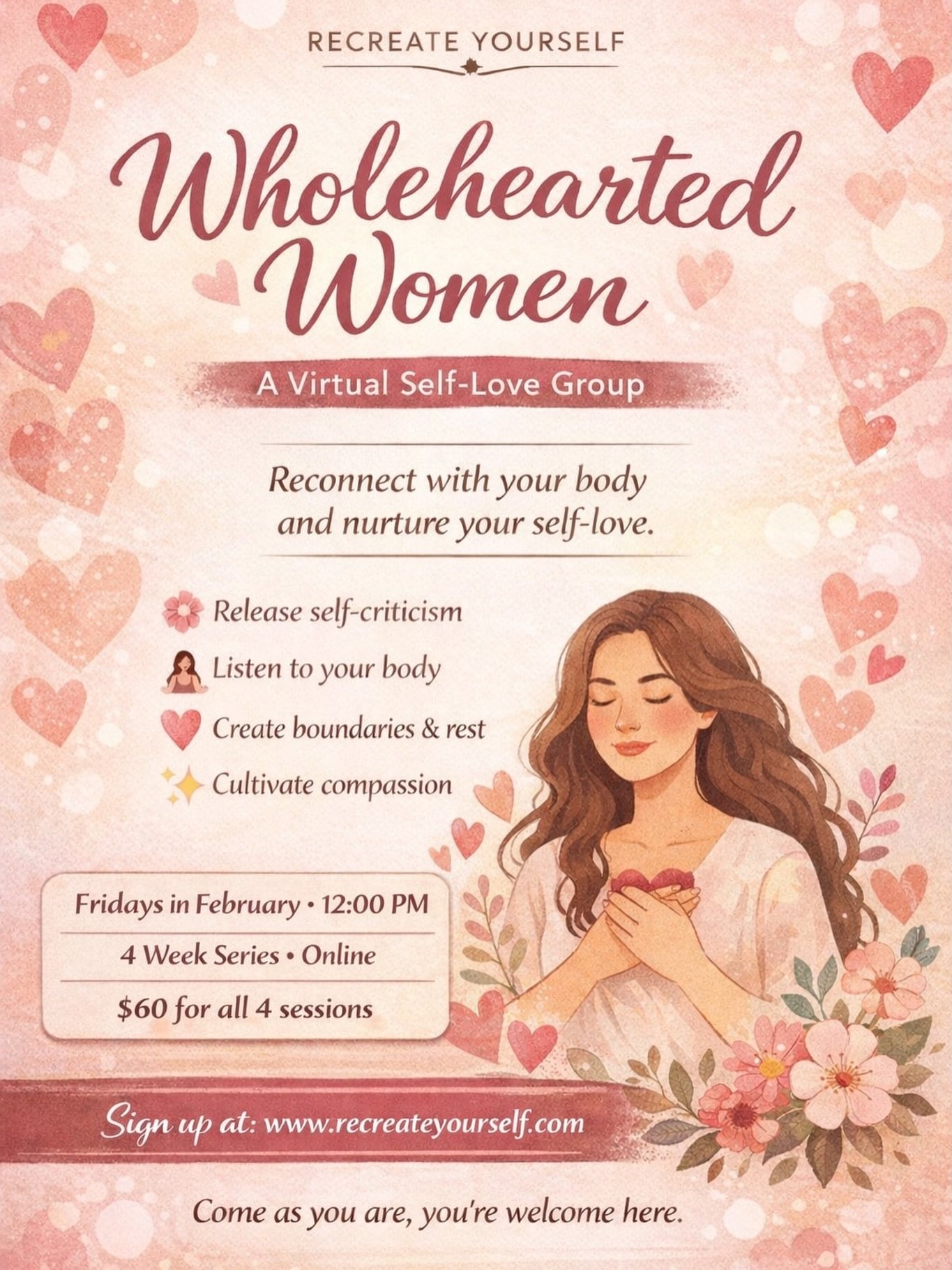 Calling all women! New Virtual Group Alert!

💕Wholehearted Women ❤️

February isn&rsquo;t just about loving others&mdash;it&rsquo;s about reconnecting with yourself.

✨ Wholehearted Women is a virtual self-love group for women looking to slow down, 