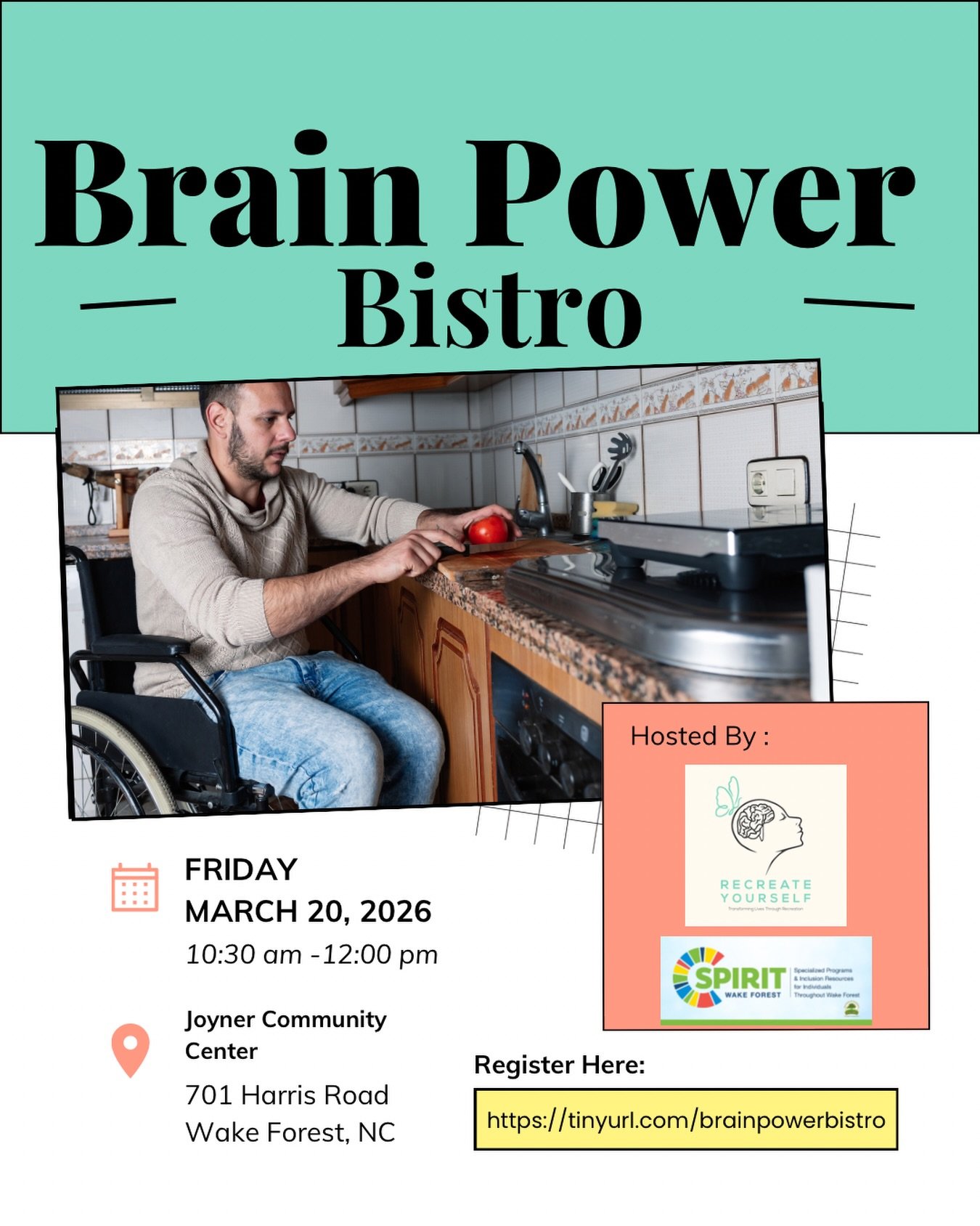 Only a few spots remain for our adapted cooking workshop for folks with neurological disorders (brain injury, stroke, etc). We hope you can join us. Register at tinyurl.com/brainpowerbistro. 

#TransformingLivesThroughRecreation #Cooking #BrainInjury