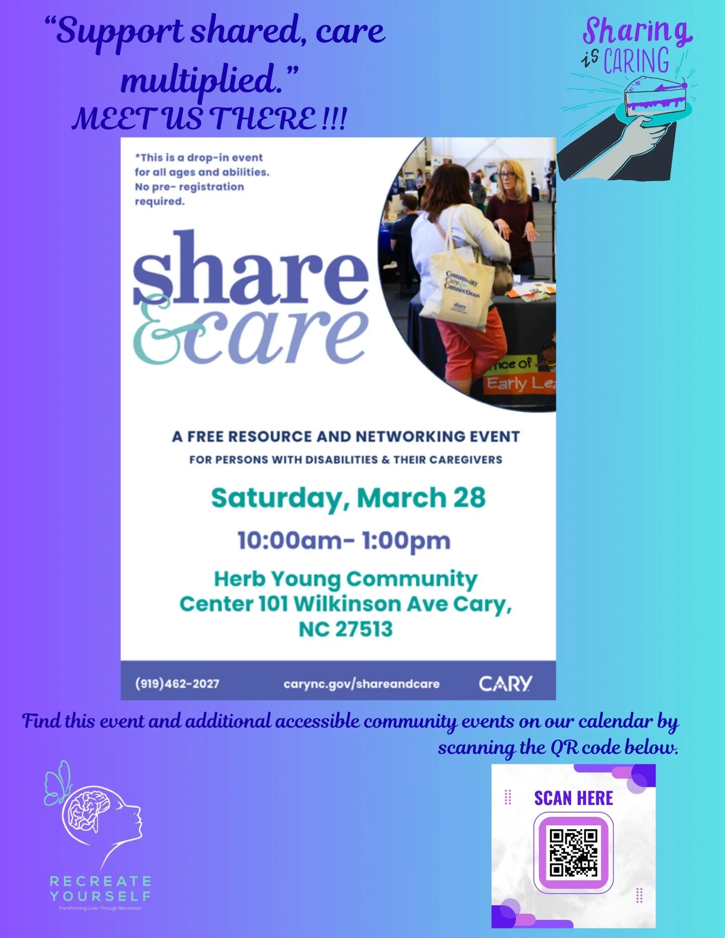 📢 Another FREE opportunity to hang out with us and learn about the awesome disability inclusive resources in the Triangle! 

#ShareAndCare in #Cary this Saturday from 10am to 1pm Herbert Young Community Center! 

#TransformingLivesThroughRecreation 