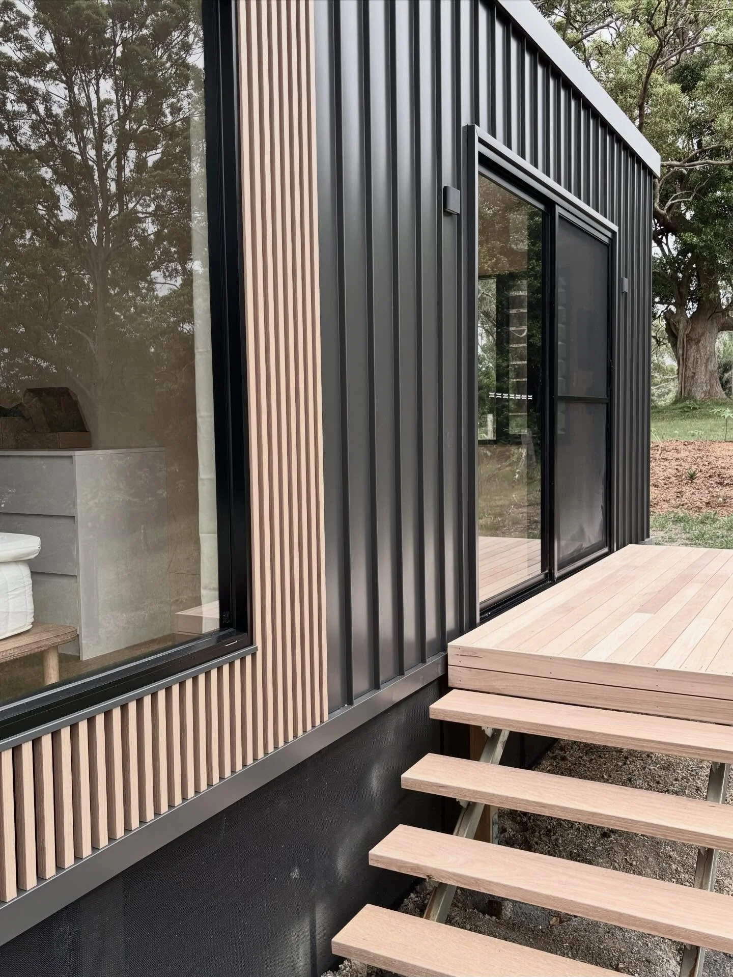 Custom designed Blackbutt deck for Hive House. 
Yes, we do decks and each one is custom to suit the tiny home. This one has dual stairs to access the fire pit area which we can&rsquo;t wait to see when complete ☺️