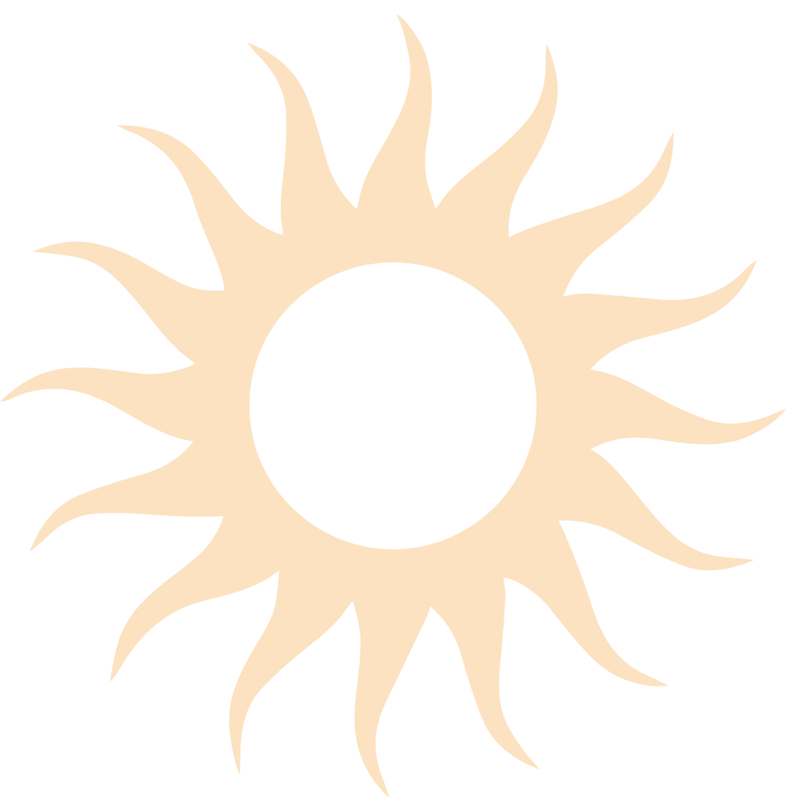 Stylized beige sun with jagged rays and a black center.
