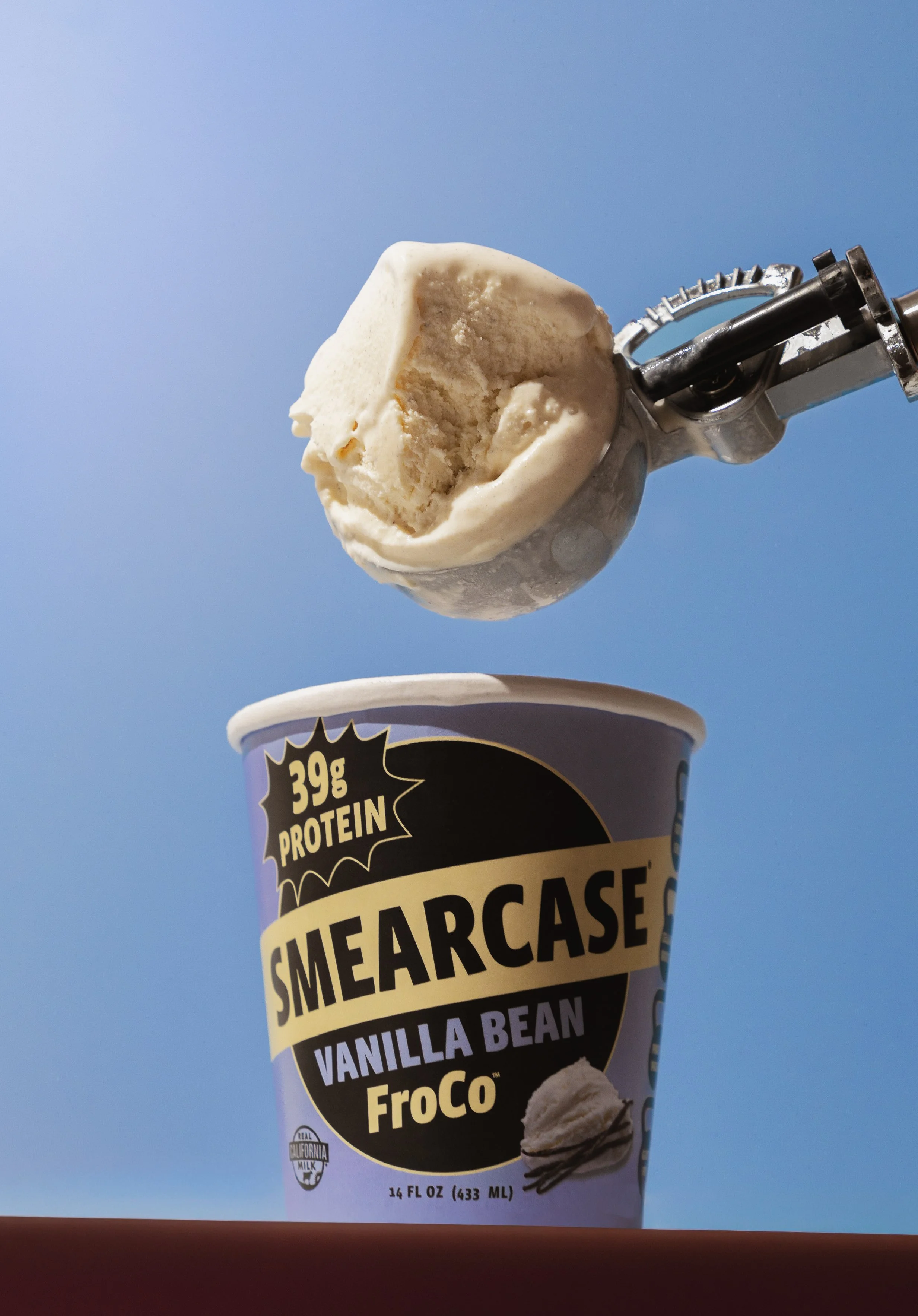 Smearcase Vanilla Ice Cream FroCo with 39 grams of protein from cottage cheese. Commercial product photography for CPG, food, and beverage brands, creating e-commerce, social media, and marketing-ready product images.