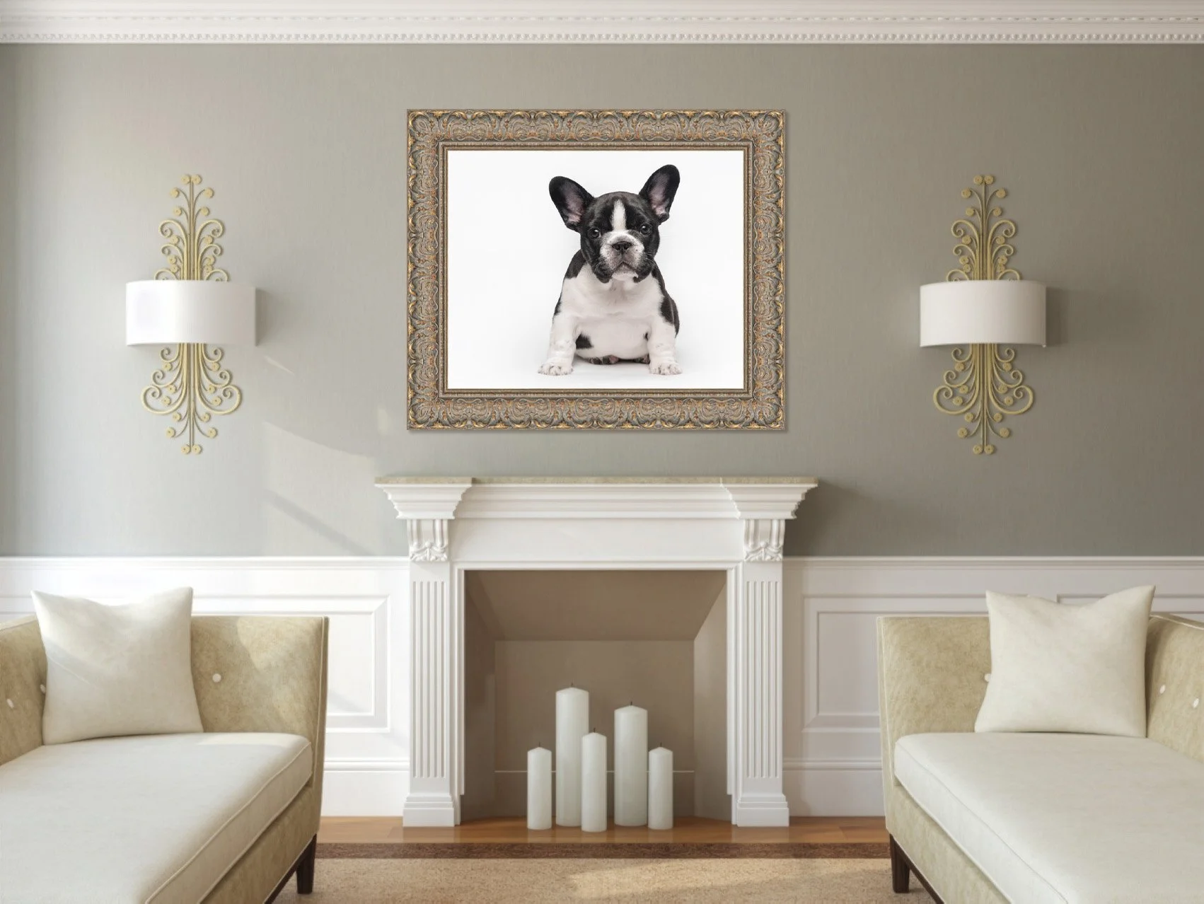 French Bulldog puppy wall art in living room