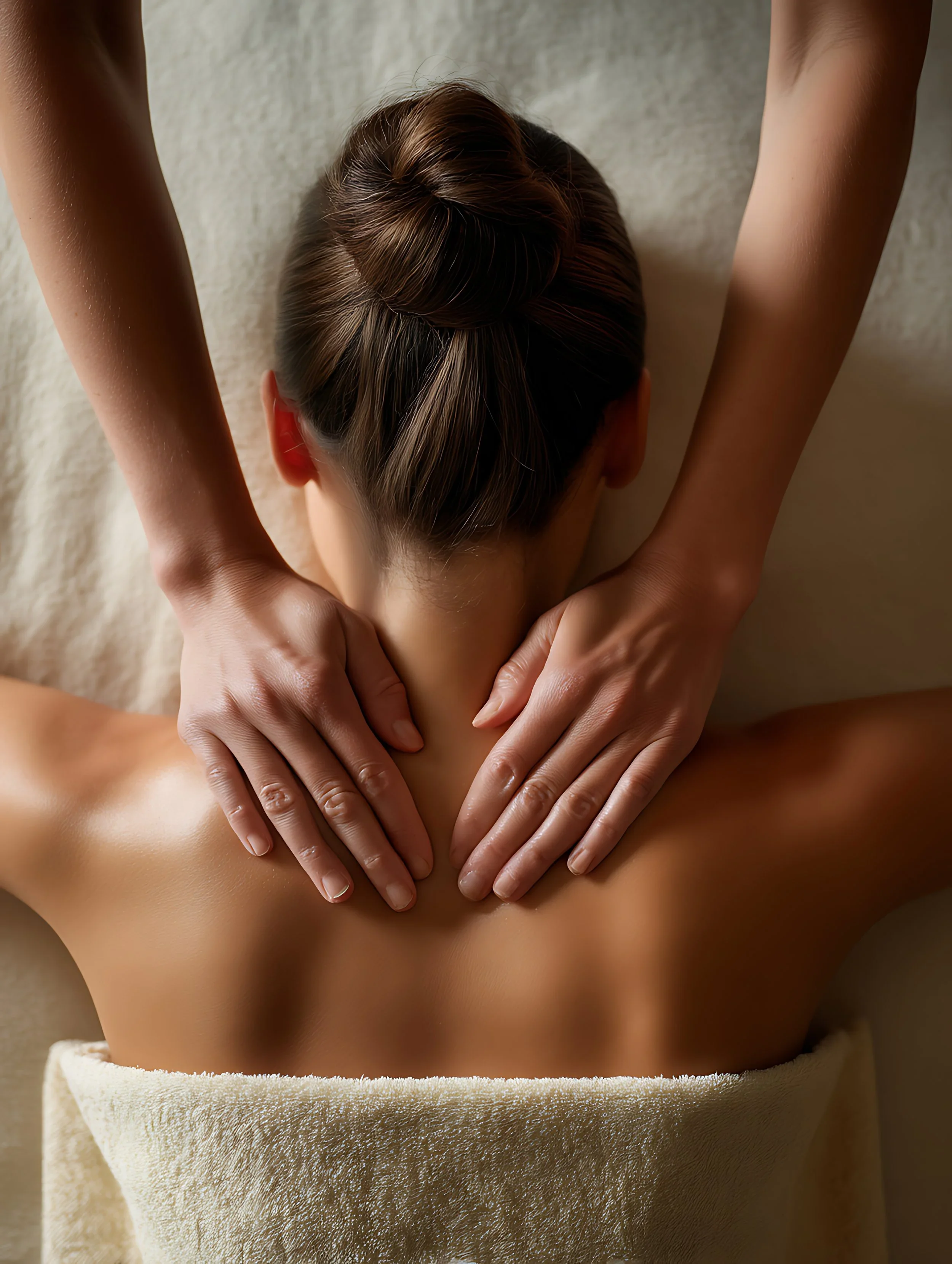Person receiving a massage with hands on their back, hair in a bun, on a soft cream-colored towel.