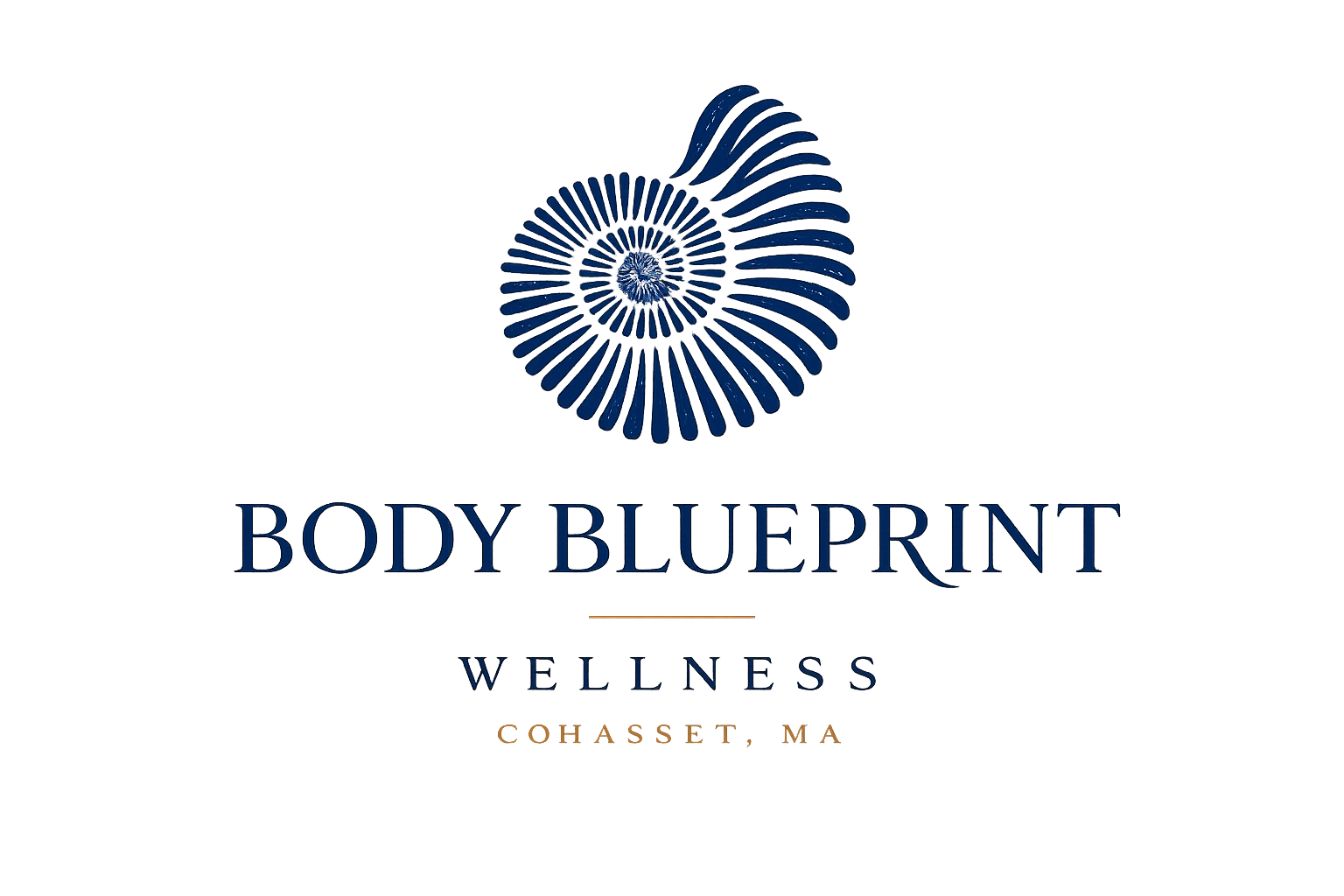 A logo for Body Blueprint Wellness in Cohasset, MA, featuring a blue spiral shell design and text.