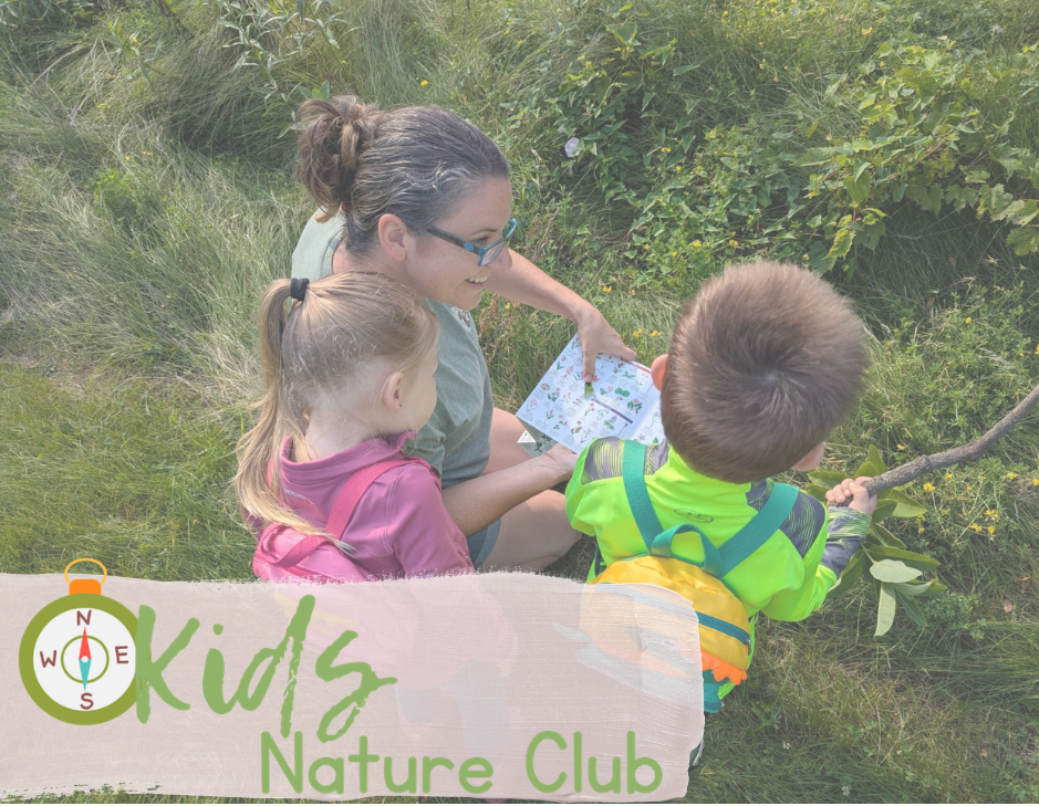 Megan and two children exploring and identifying observations using nature guidebook