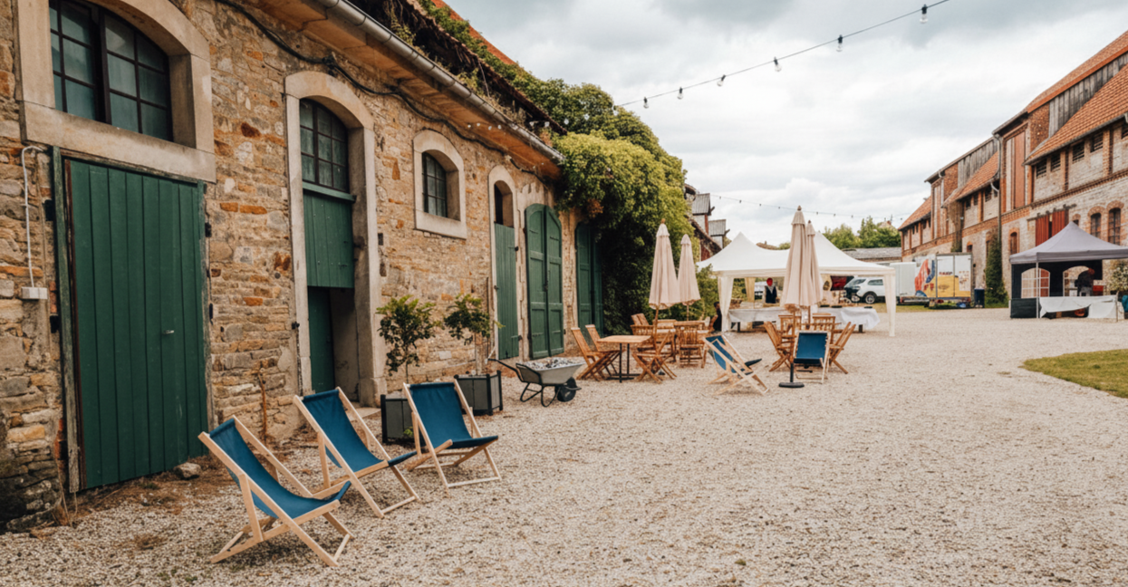 Outdoor event setup with foldable chairs, tables, umbrellas, tents, and string lights on a gravel surface in front of brick and stone buildings.