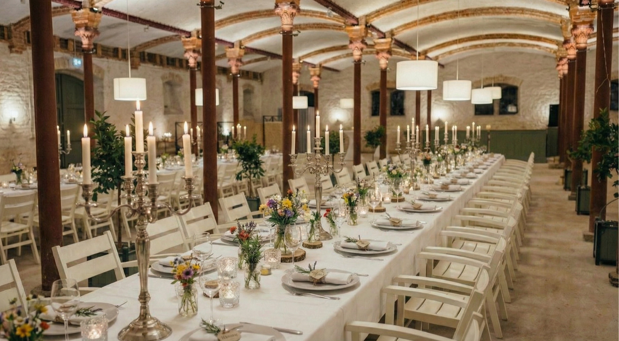 Elegant banquet hall with long dining tables, decorated with candelabras, floral arrangements, and candles, set for a formal event in a rustic-style venue with exposed brick walls and arched ceiling