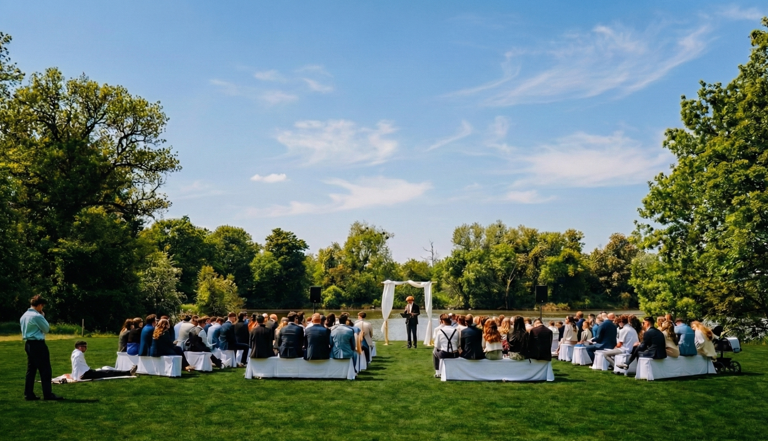 Outdoor wedding ceremony by a lake on a sunny day, with guests seated on white benches, a couple at the altar, and lush green trees in the background.