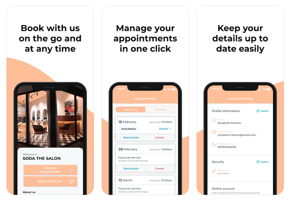 Screenshots of a salon the salon hairdressers tweed coolangatta, appointment app with features to book appointments, manage schedules, and update profile information.