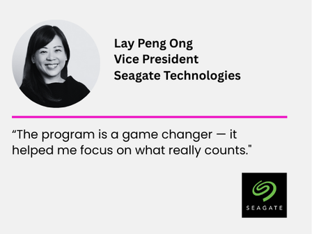 Black and white portrait of Lay Peng Ong with text attributing her as Vice President of Seagate Technologies and a quote about the program being a game changer.