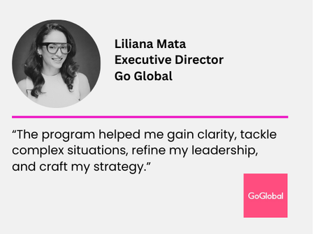 Black and white headshot of Liliana Mata, Executive Director at Go Global, accompanied by a quote about her experience with the program and a pink Go Global logo.