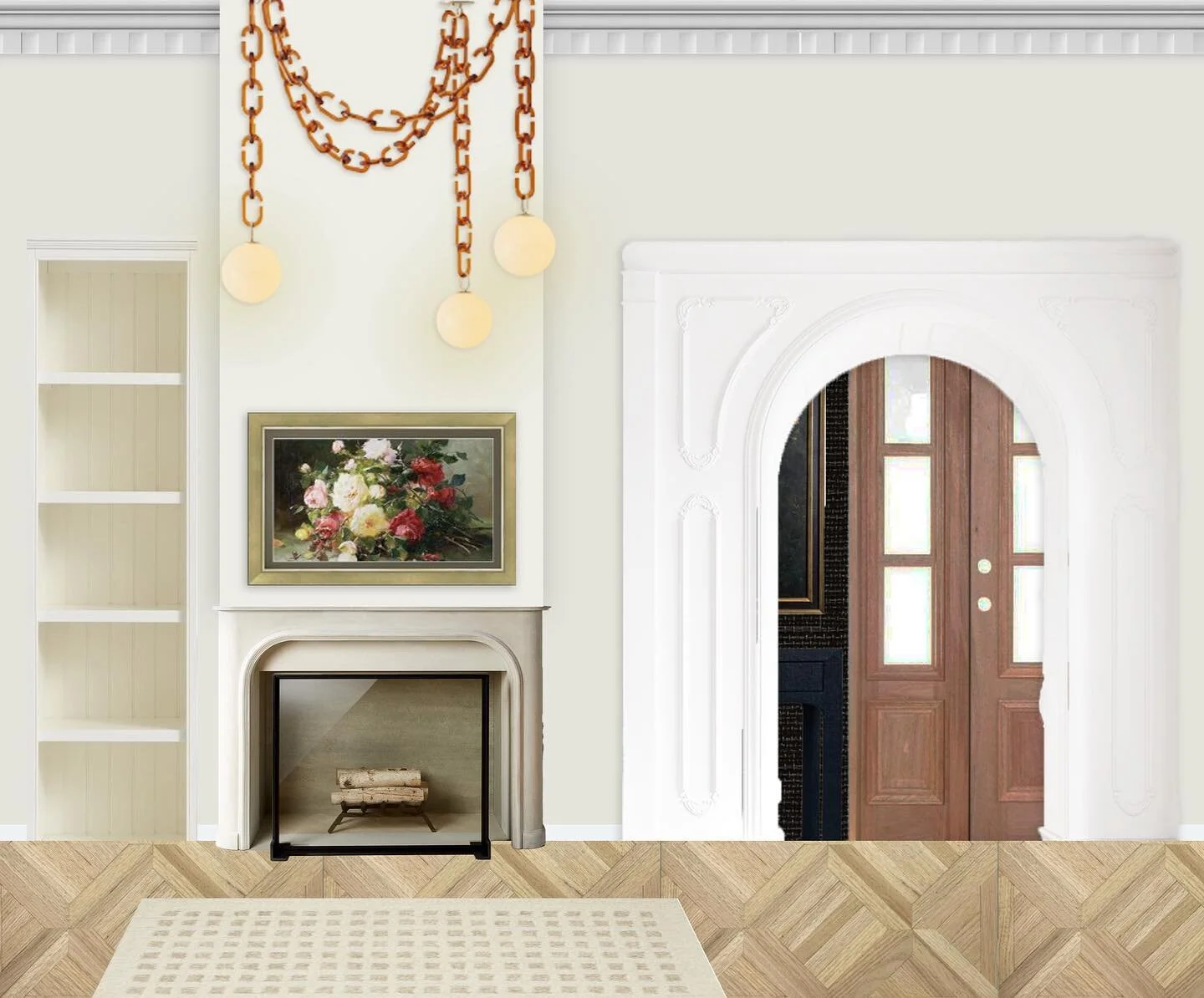 Contrast is key in design. It provides visual interest and depth to a space, which allows a space to feel exciting and inviting rather than flat. 

This space is designed to provide contrast from two vantage points: the entry and the great room. As y