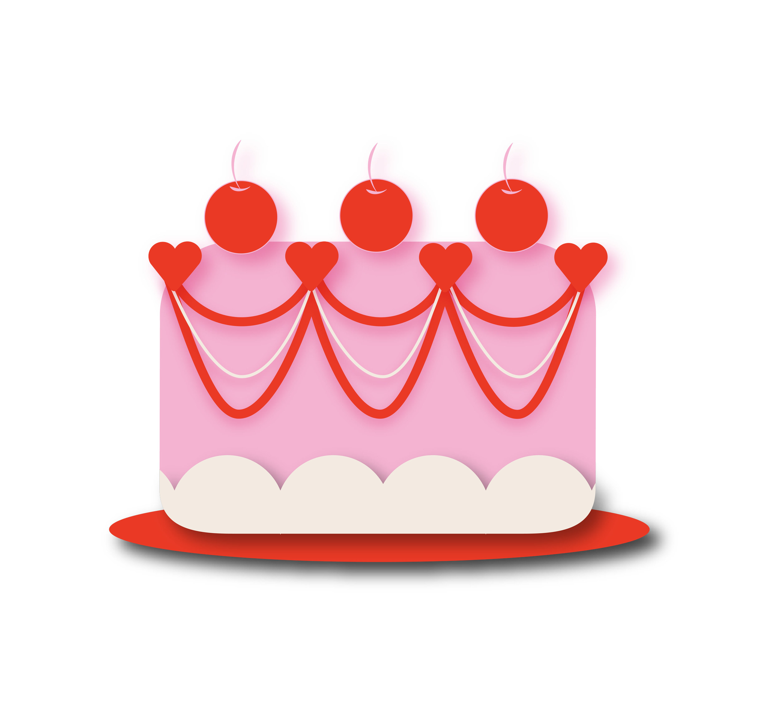 Illustration of a stylized cake with pink frosting and red cherries, with white piping on the bottom sitting on a black plate on a white background.