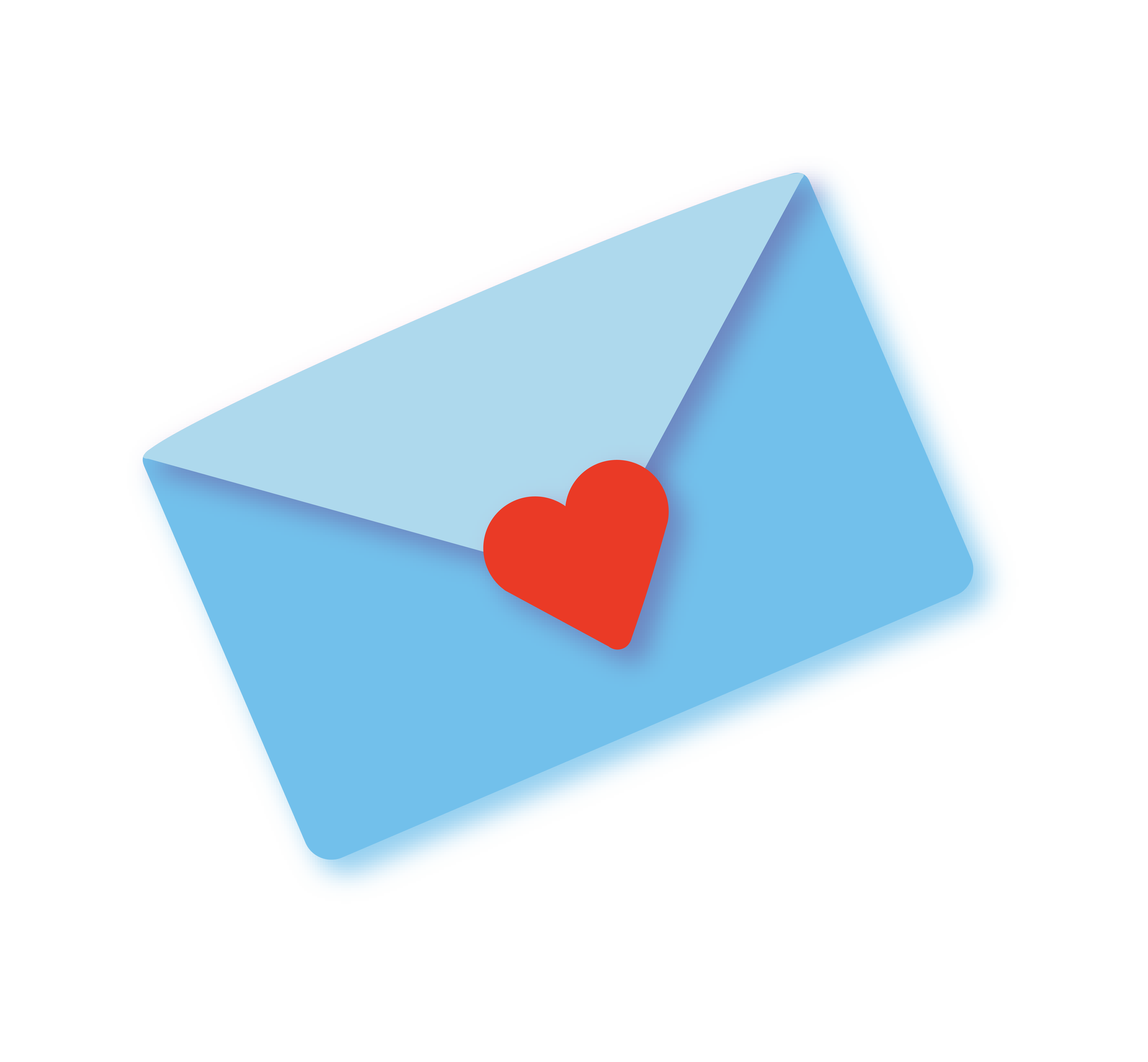Small blue illustrated envelope with a red hearts sealing it closed.