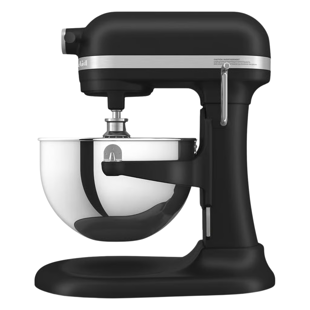 Black and silver stand mixer with a mixing bowl attached, isolated on a white background.