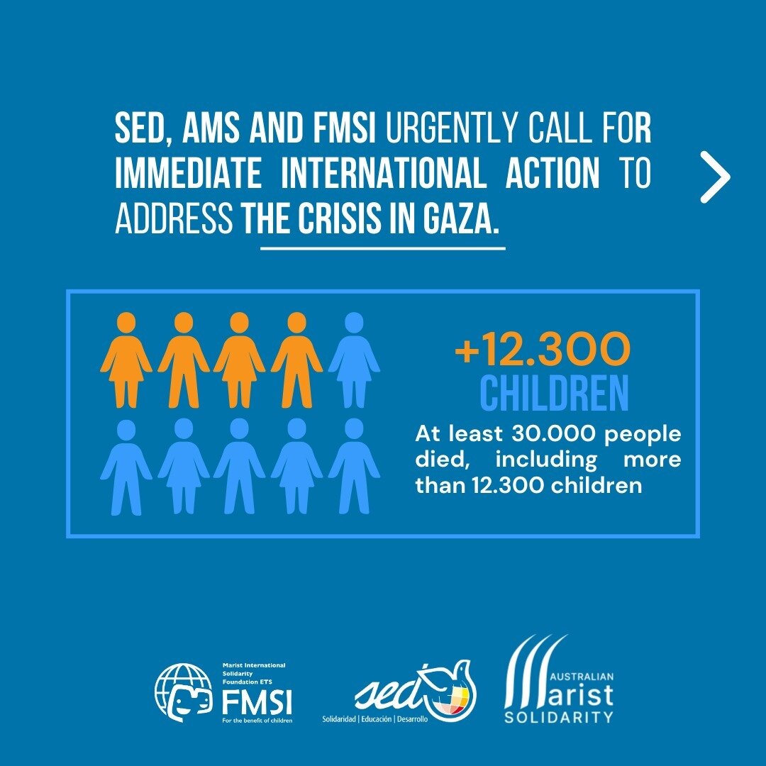 AMS, alongside our Marist aid agency counterparts @ongdsed and @fmsi_ets, are calling for immediate action in Gaza. Tragically, at least 30,000 lives have been lost, including more than 12,300 children. We extend our deep concern and solidarity to th