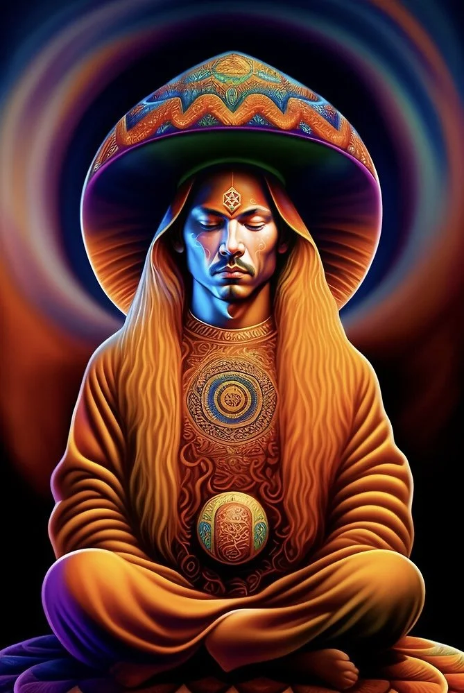 Man meditating with mushrooms in a psychedelic ceremonial setting at Ahavah Gardens, Colorado Springs. Psilocybin ceremony, healing, and integration work in Colorado.