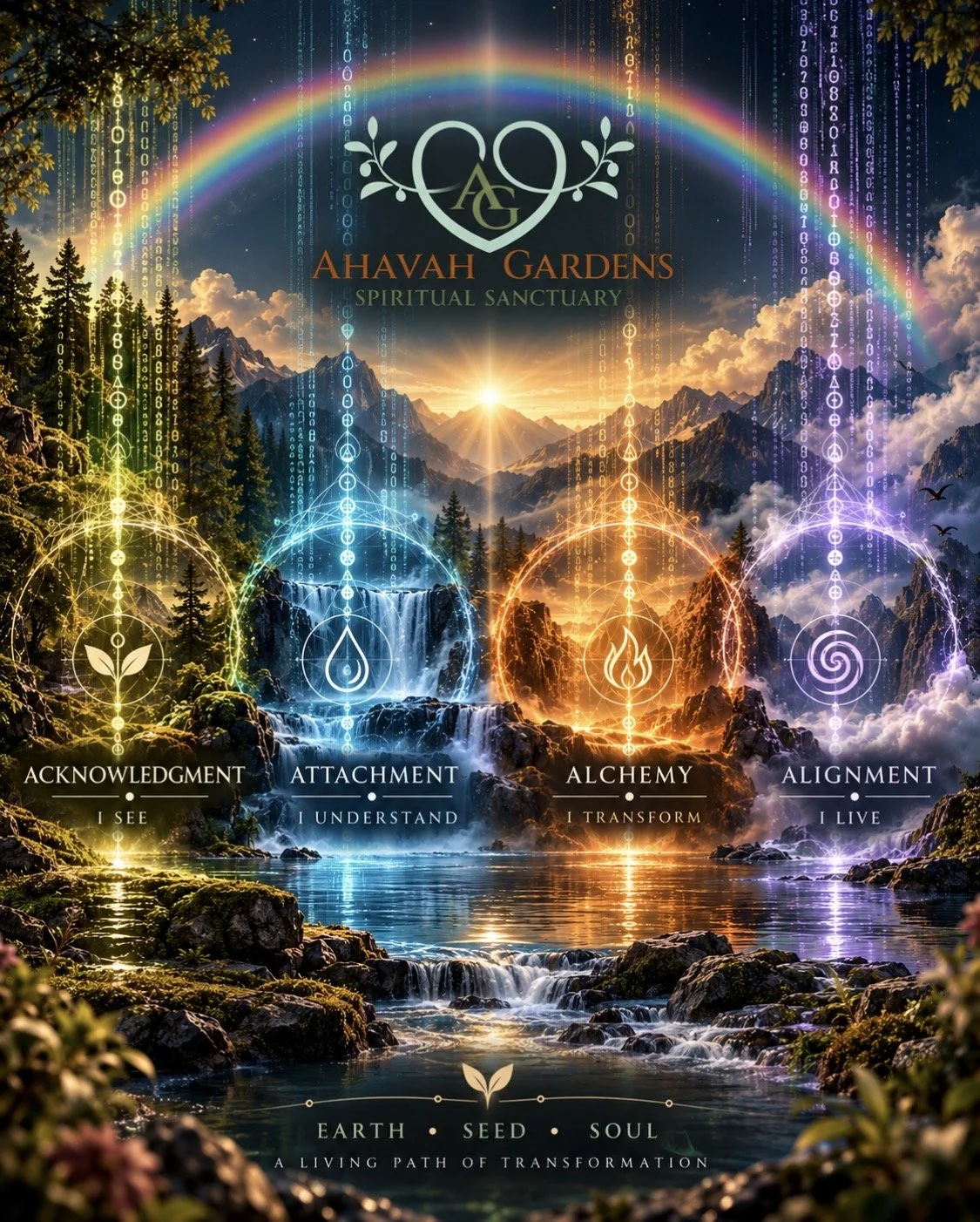 Ahavah Gardens Four A’s recovery framework featuring Acknowledgment, Attachment, Alchemy, and Alignment represented through earth, water, fire, and air, with luminous code, a rainbow, mountains, and the Earth • Seed • Soul path of transformation.