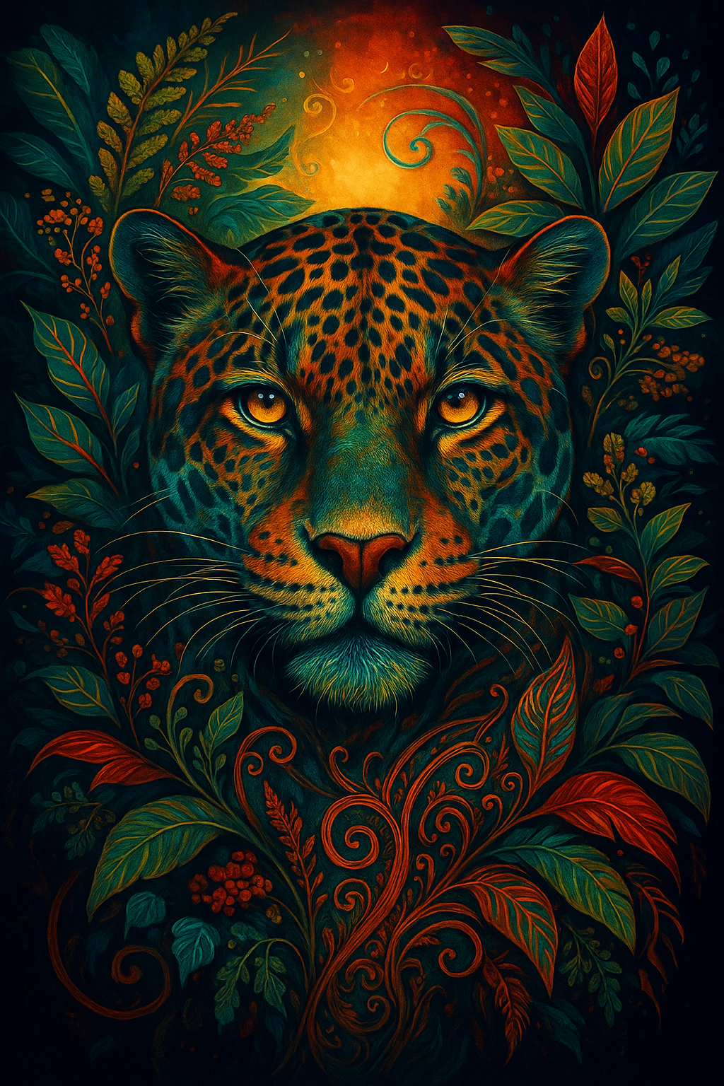 A visionary-style jaguar surrounded by lush jungle foliage and radiant light. Symbolizing courage, intuition, and awakening, this image represents the Jaguar Ayahuasca Ceremony hosted by Ahavah Gardens Church of Entheogenics.