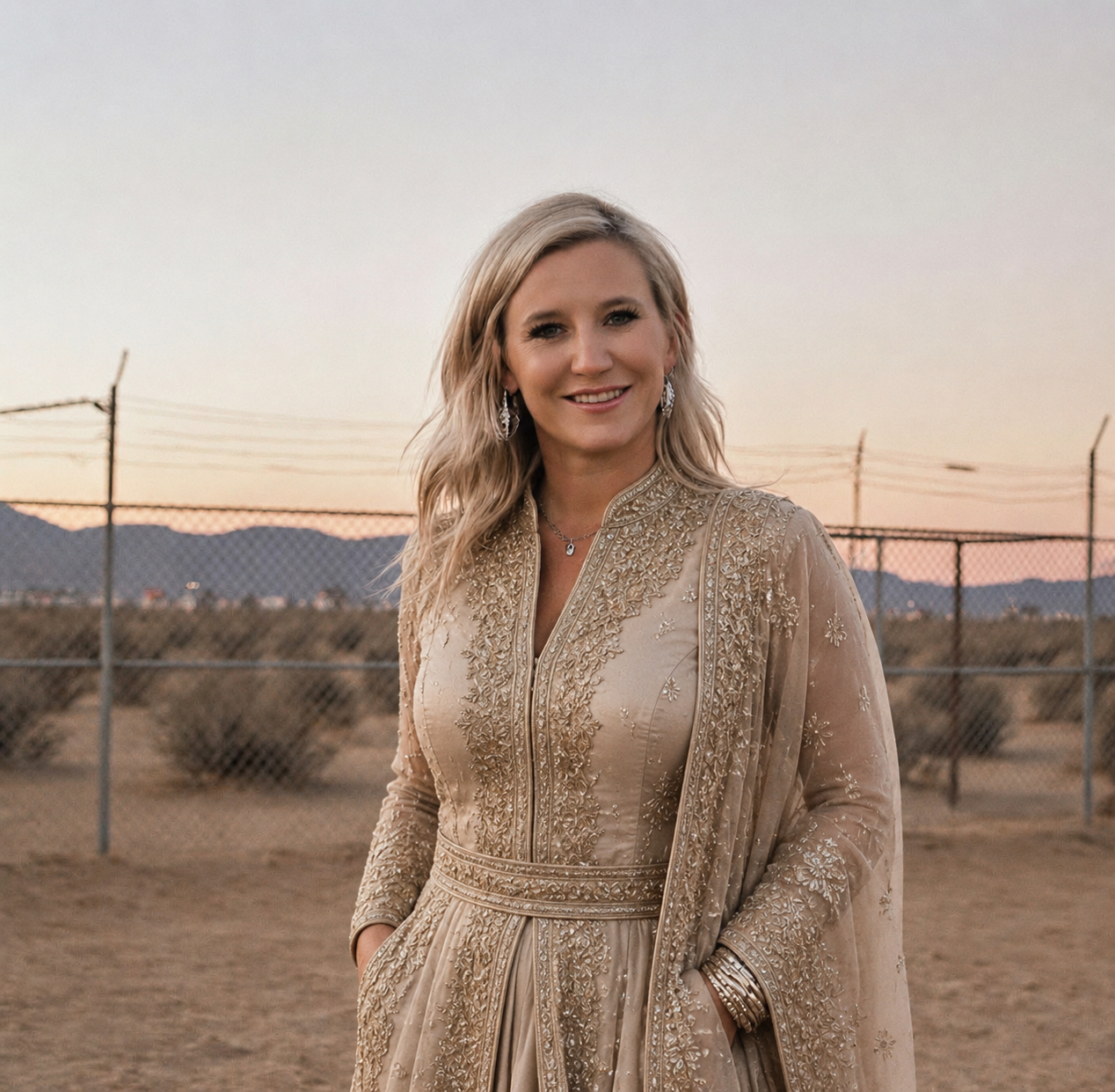A woman in a beige, embroidered traditional dress stands in front of a chain-link fence with mountains in the background during sunset.