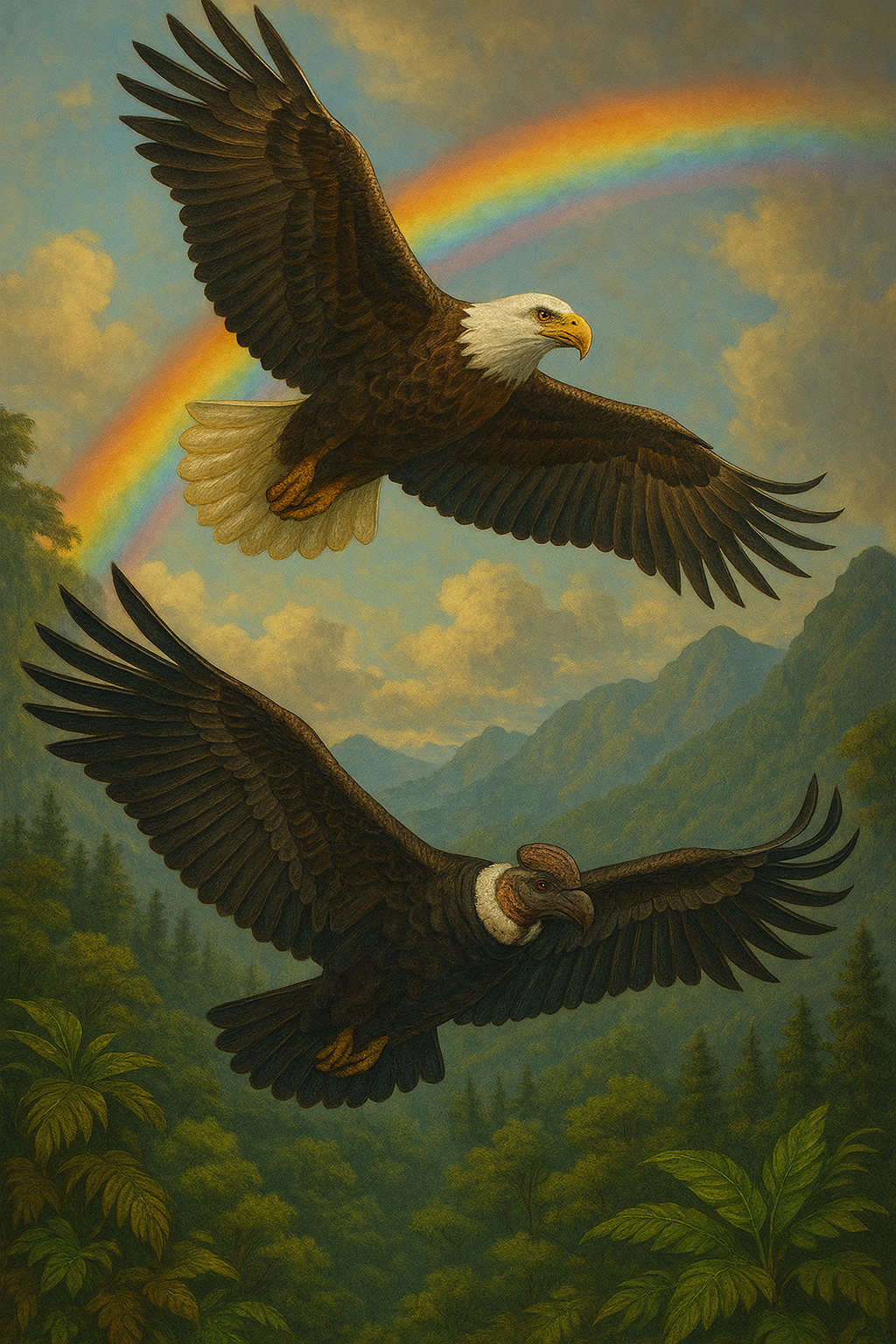A radiant painting of an eagle and a condor soaring beneath a rainbow over lush mountains, symbolizing the Eagle and Condor Prophecy—unity of North and South, mind and heart. Hosted by Ahavah Gardens Church of Entheogenics.
