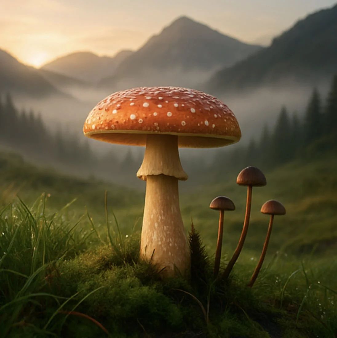 A serene image of three mushrooms growing in a lush mountain meadow at sunrise, symbolizing growth, connection, and nature’s wisdom. Represents sacred mushroom ceremonies hosted by Ahavah Gardens Church of Entheogenics.