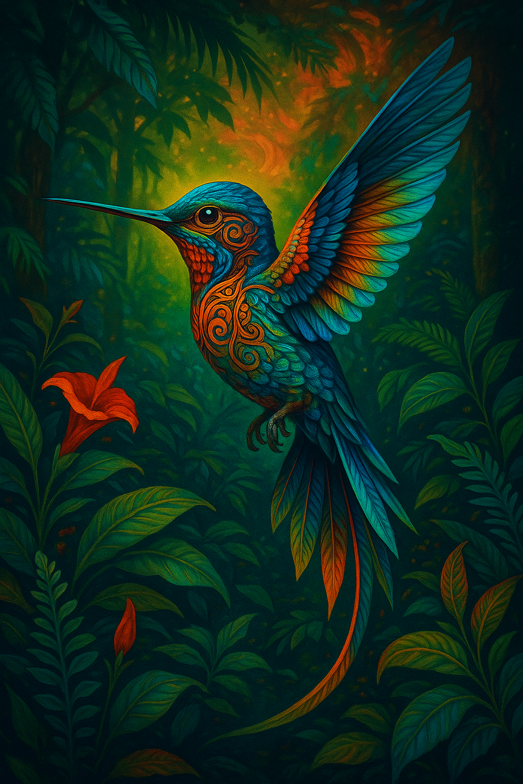 Visionary-style hummingbird glowing in turquoise, orange, and gold amid lush jungle foliage, symbolizing transformation, divine connection, and the Ayahuasca spirit of the March 2026 Hummingbird Ceremony.
