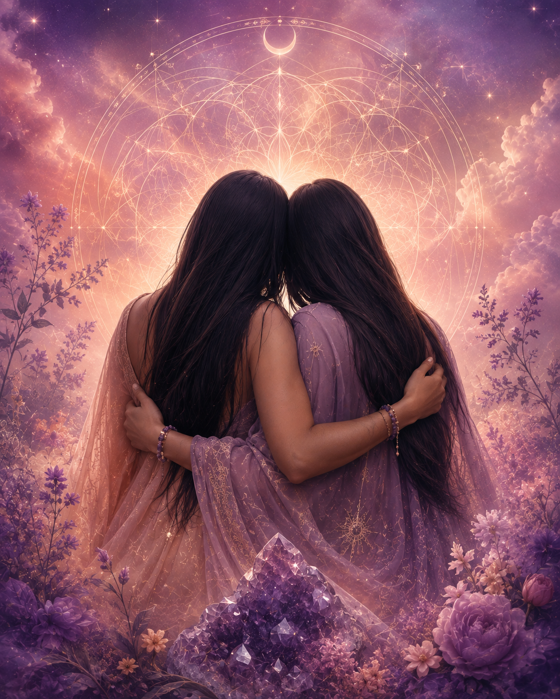 Two women with long dark hair embracing beneath sacred geometry, surrounded by amethyst crystals and a dreamy purple and peach celestial landscape.