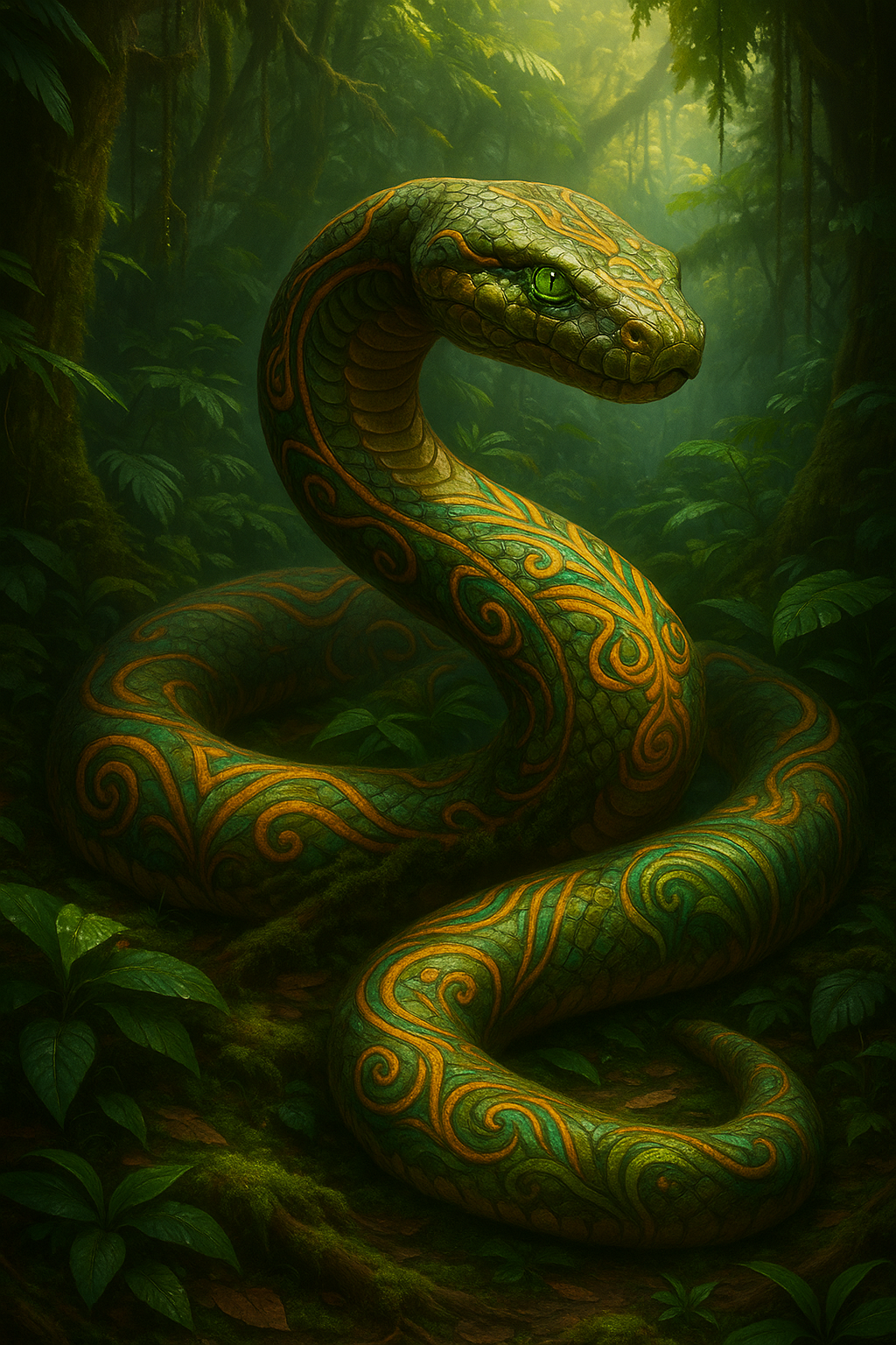 A visionary-style serpent coiled in lush jungle light, glowing with green and gold patterns symbolizing rebirth, transformation, and the ayahuasca spirit of the 2026 Serpent Ceremony hosted by Ahavah Gardens Church of Entheogenics