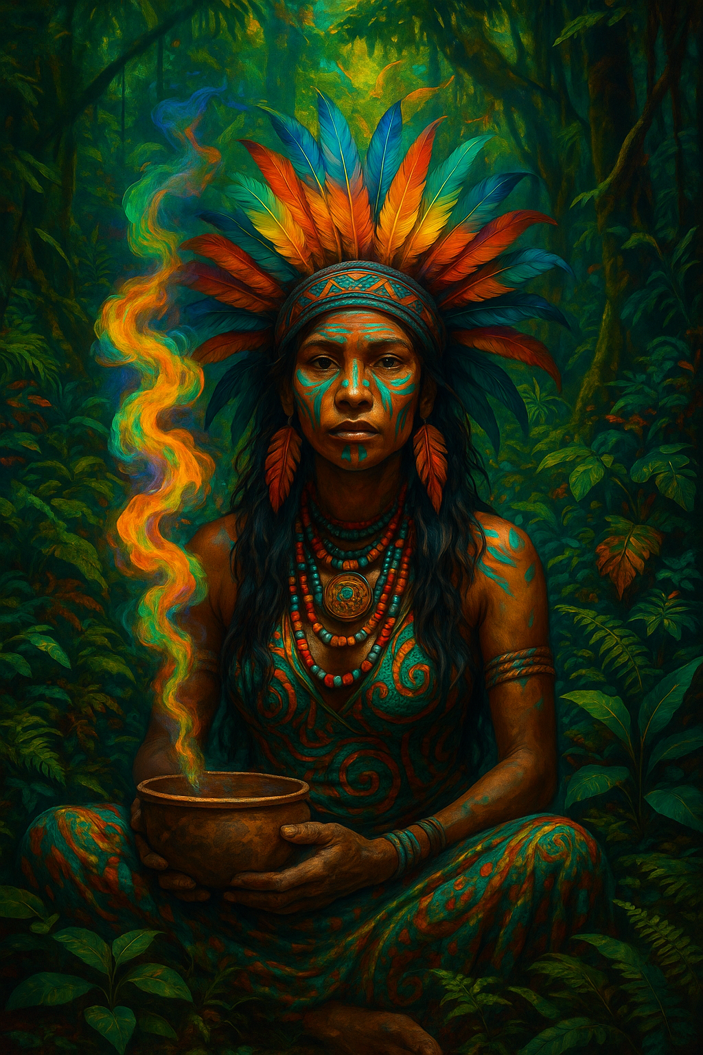 A visionary art depiction of an Amazonian shaman woman wearing a vibrant feather headdress and tribal paint, holding a smoking ceremonial bowl. Symbolizing Ayahuasca wisdom, ancestral healing, and jungle medicine.