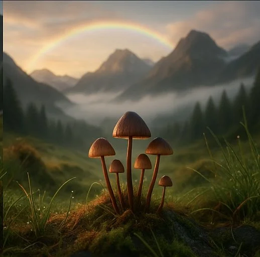 A serene image of three mushrooms growing in a lush mountain meadow at sunrise, symbolizing growth, connection, and nature’s wisdom. Represents sacred mushroom ceremonies hosted by Ahavah Gardens Church of Entheogenics.