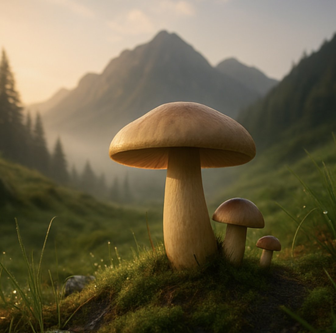 A serene image of three mushrooms growing in a lush mountain meadow at sunrise, symbolizing growth, connection, and nature’s wisdom. Represents sacred mushroom ceremonies hosted by Ahavah Gardens Church of Entheogenics.