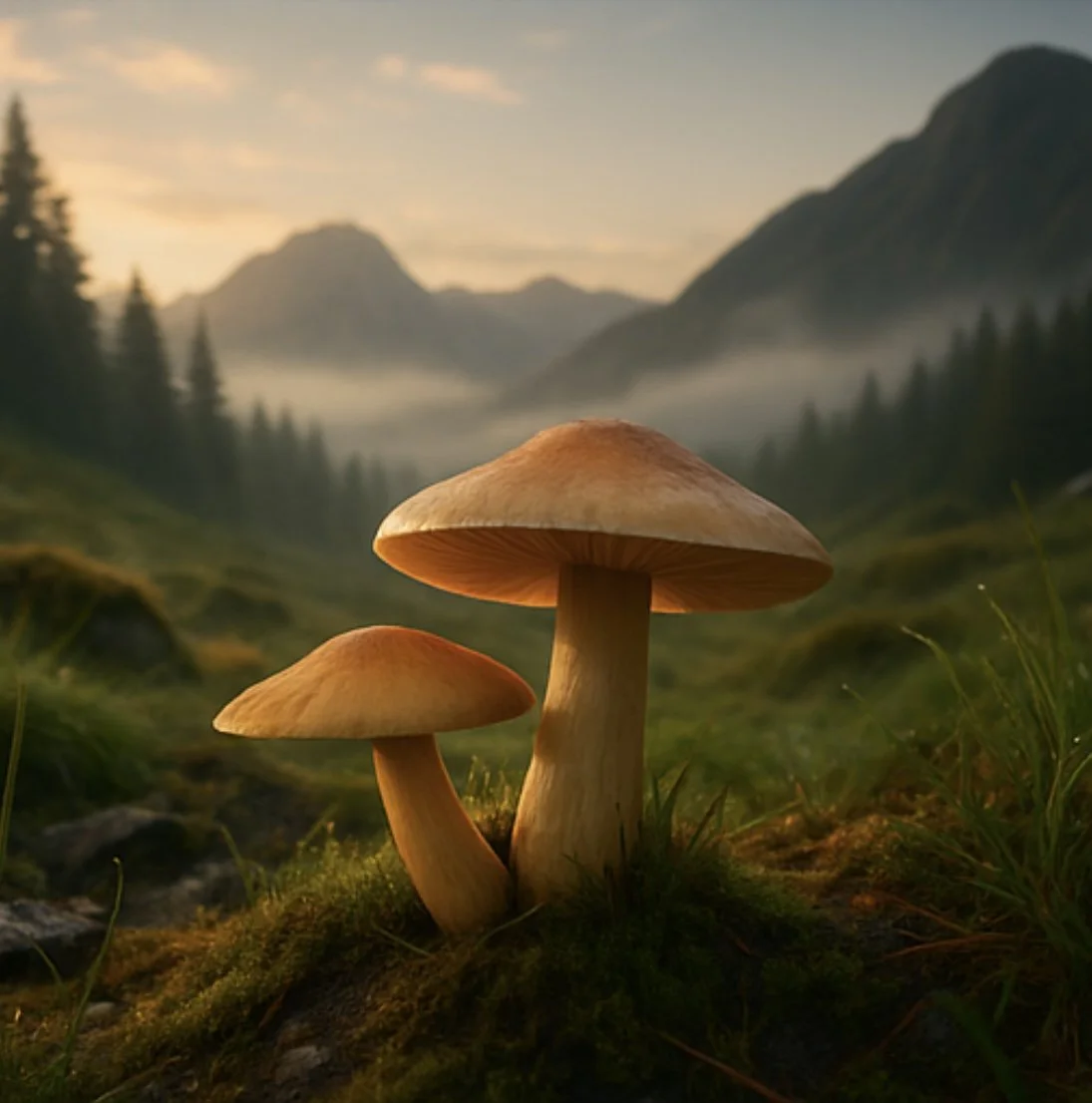 A serene image of three mushrooms growing in a lush mountain meadow at sunrise, symbolizing growth, connection, and nature’s wisdom. Represents sacred mushroom ceremonies hosted by Ahavah Gardens Church of Entheogenics.
