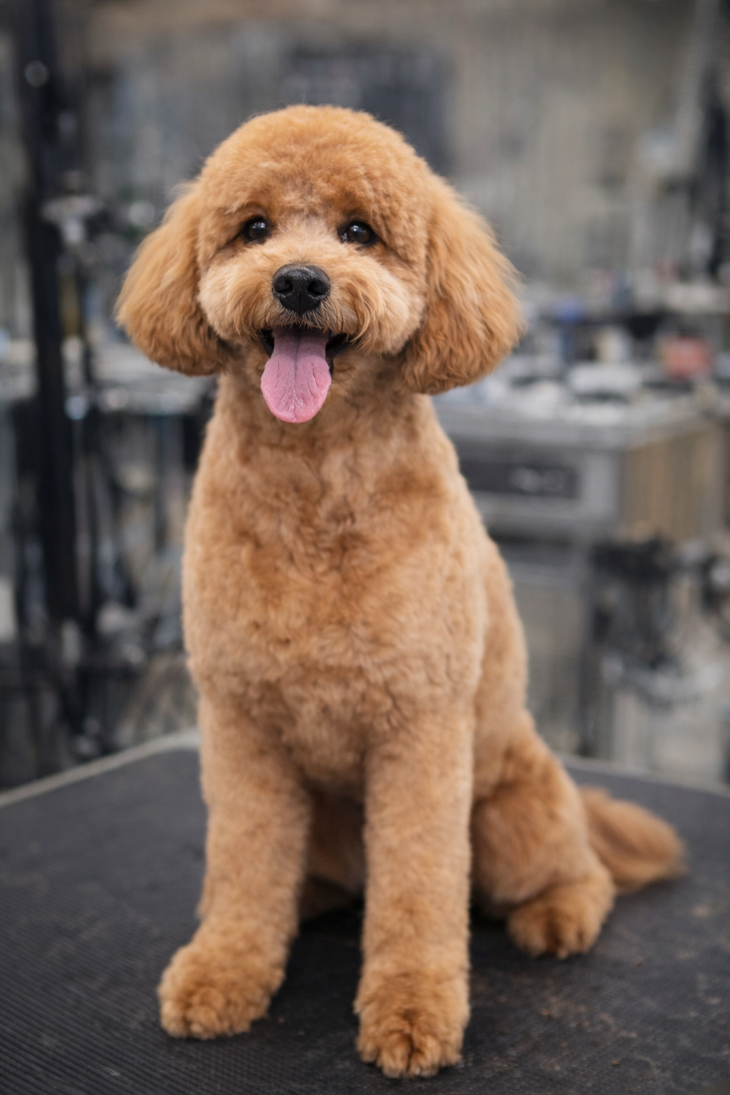 Freshly groomed Goldendoodle at salon.png
