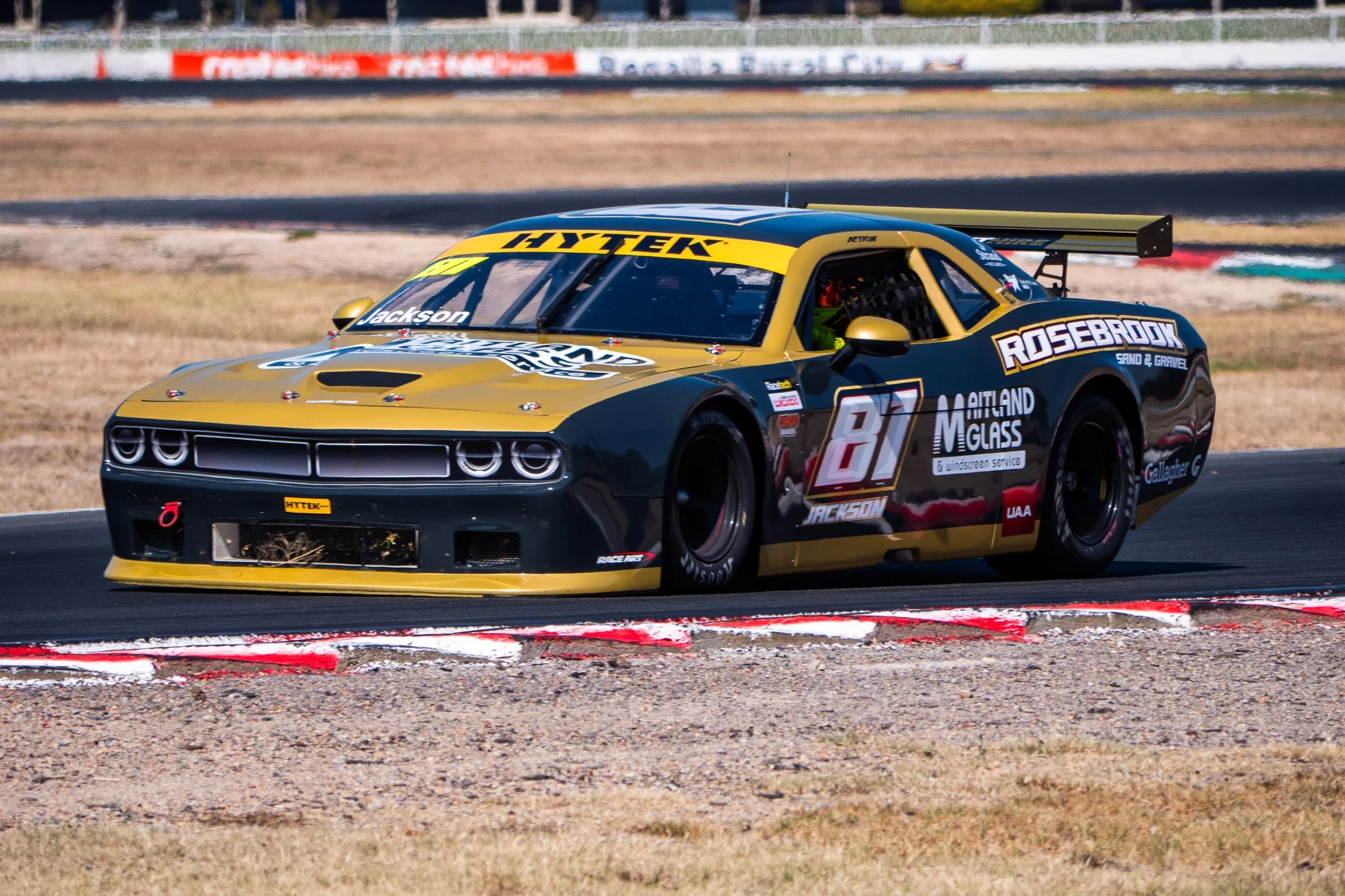 Race car on track with yellow and black livery, number 81, sponsored by Hyatt and Rosebrook Sand & Gravel, navigating a turn on a paved racetrack with grassy infield and barriers in background.
