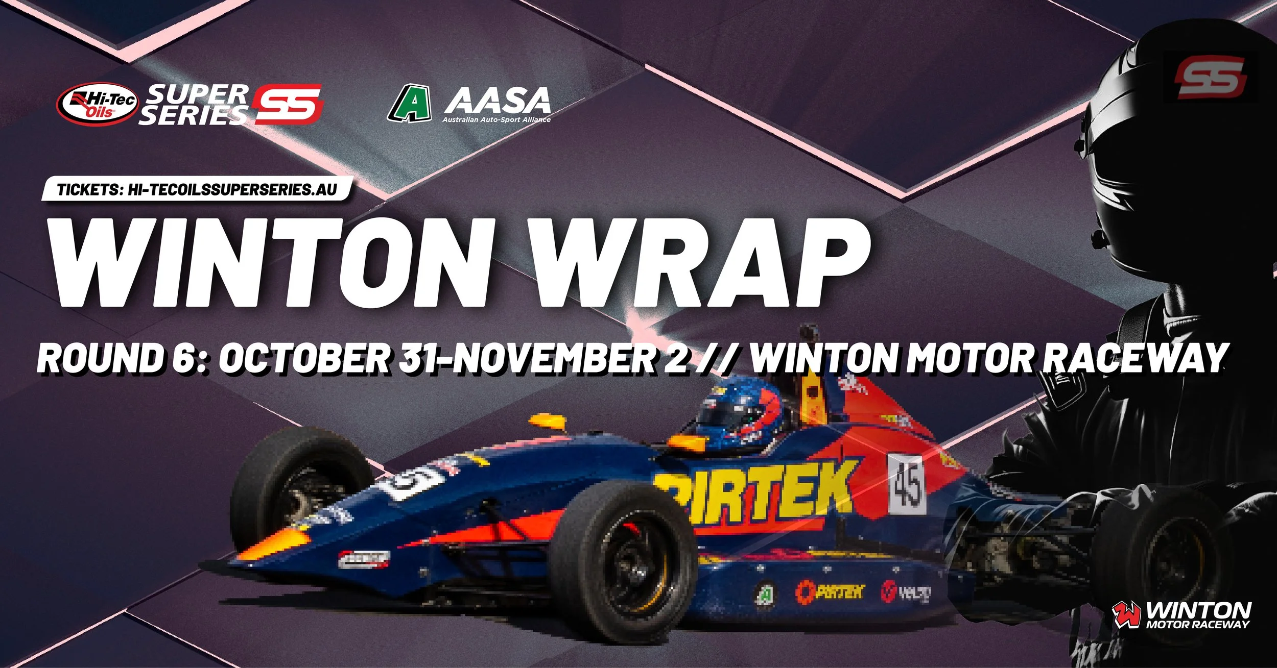 Poster advertising the Winton Wrap event, featuring a racing car and a driver in black gear with a helmet. The event is Round 6, held from October 31 to November 2 at Winton Motor Raceway, organized by Hi-Tec Oils Super Series SS, with logos of Australian Auto-Sport Alliance and Winton Motor Raceway.