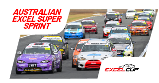 Australian Excel Super Sprint race cars on a track, with a purple car leading and others following, large red and black text in top left corner reading 'Australian Excel Super Sprint', and a blurred background.