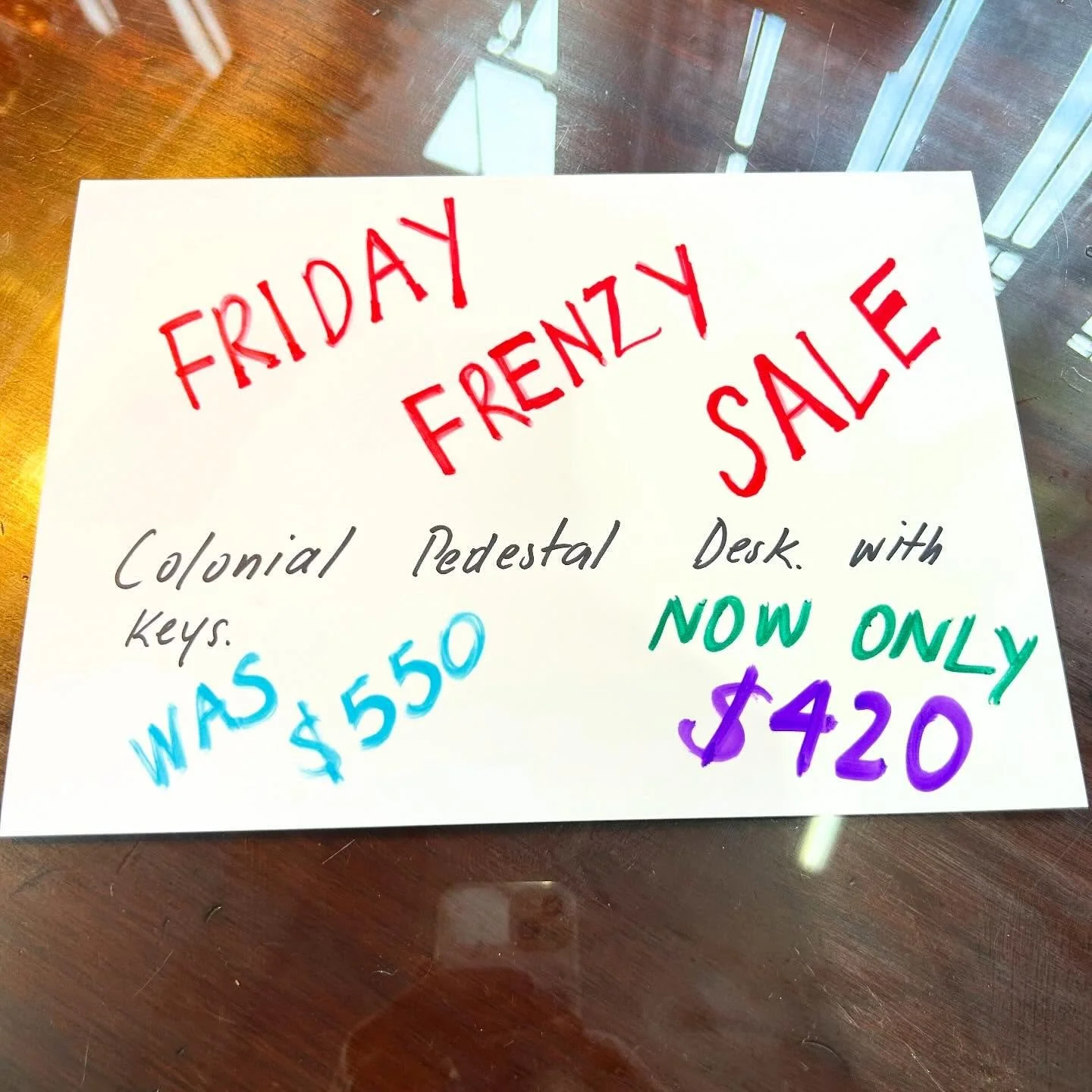FRIDAY FRENZY SALE!!!!!!!!

Today only is this beautiful double sided Colonial Pedestal Desk on sale.

Was $550 now only $420!!!!!!
Rush in or call us 0418160727

Has glass top, 8 draws with keys one side and two cupboards other side.

132 wide, 87 d