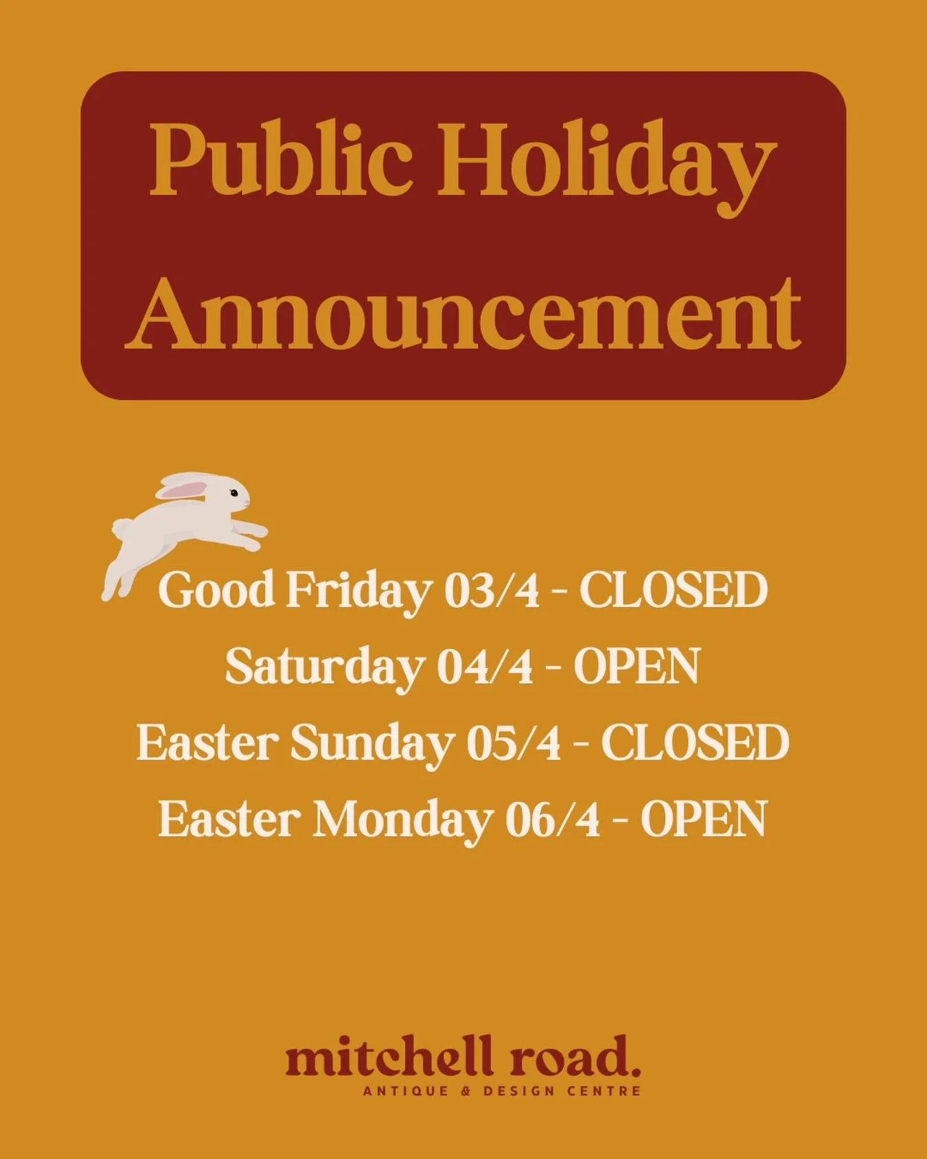 A reminder that Easter is coming! Save this post and share our opening days for the long weekend.
 17 Bourke Road, Alexandria, NSW
🛒Great shopping experience 🛍️
🚙🅿️ Parking on site 
🐶Dog friendly business