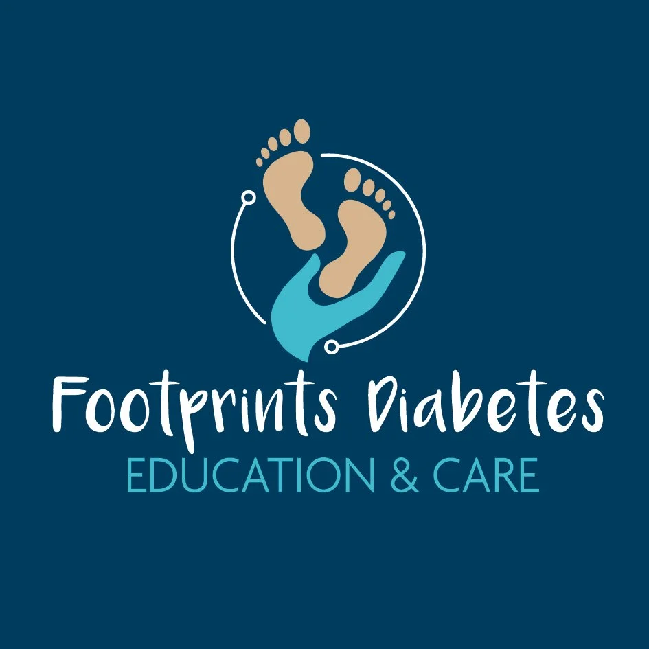 Logo for Footprints Diabetes Education & Care featuring stylized footprints above a hand, with text.