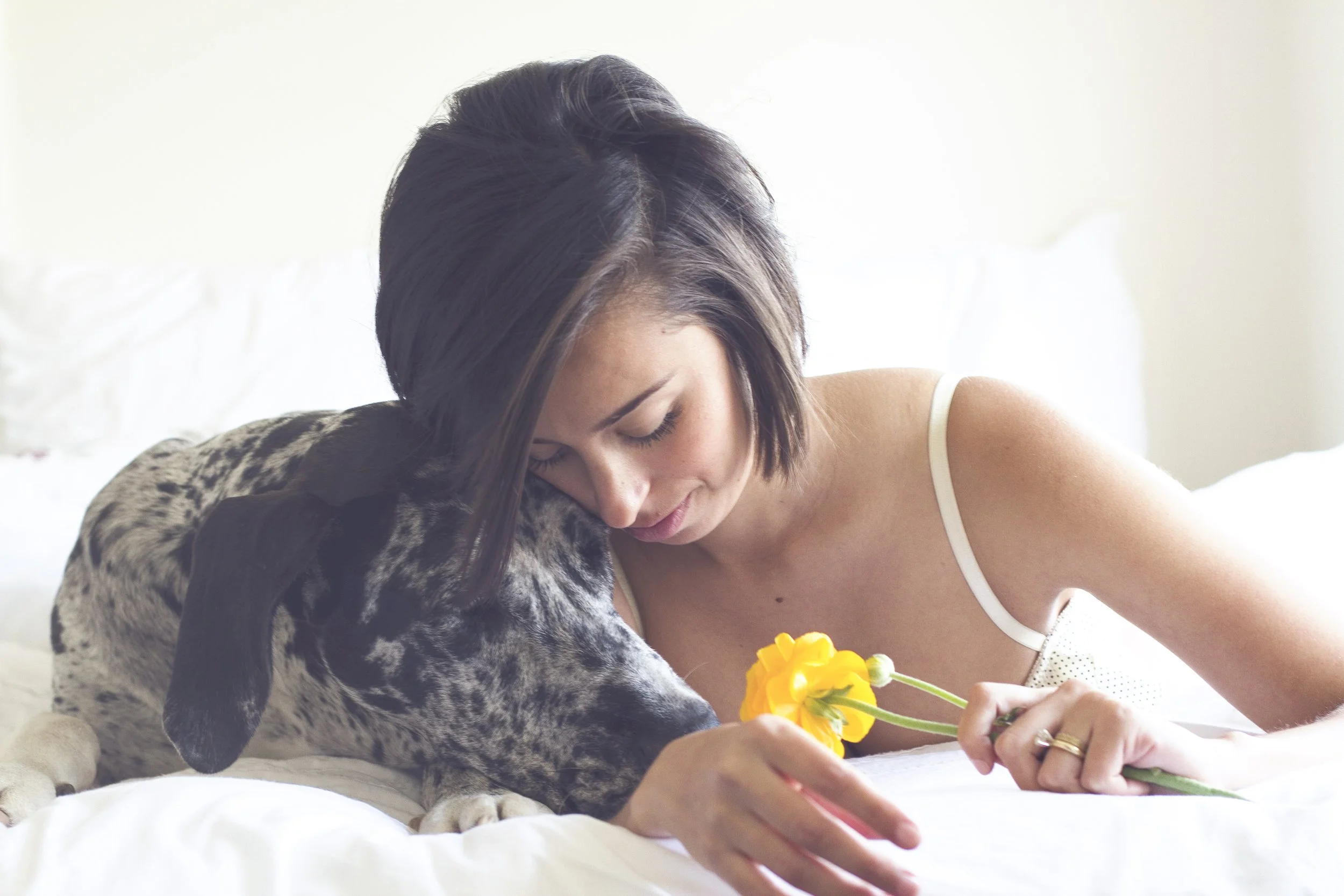 Woman lying in bed with her dog and a yellow flower in a lifestyle portrait