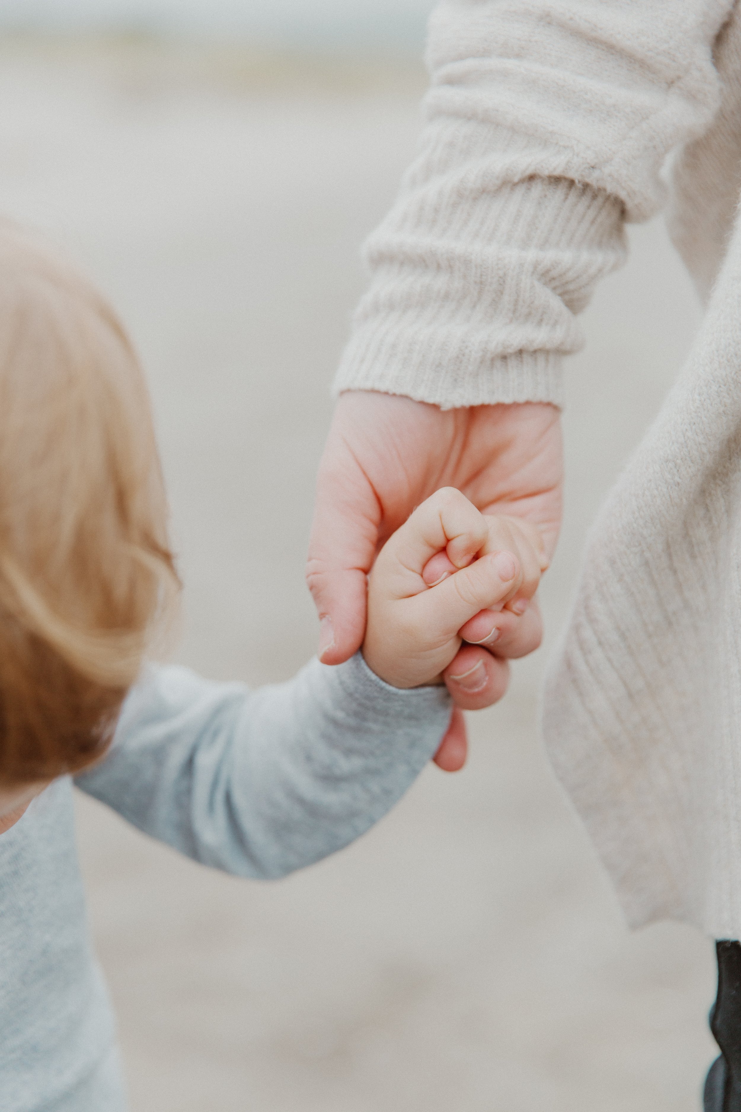 Toddler holding a parent's hand during a relaxed family photo session