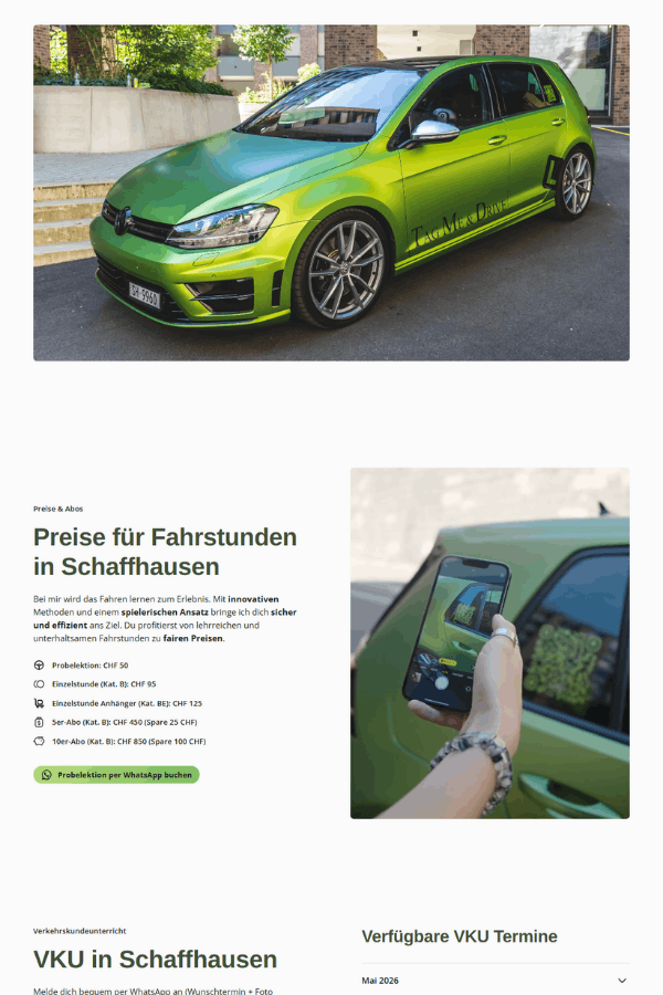 Screenshot einer professionellen Webseite für eine Fahrschule in Schaffhausen
