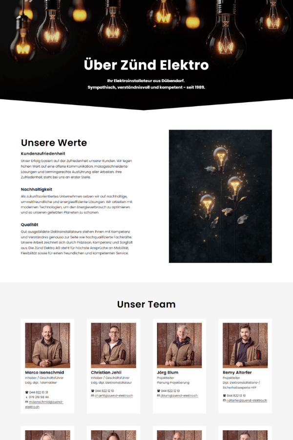 Screenshot einer professionellen Webseite für einen Elektroinstallateur aus Dübendorf aus Zürich.