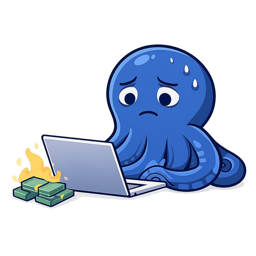 Eine traurige Cartoon-Tintenfisch-Figur sitzt vor einem Laptop mit einem Bündel Geld, das in Flammen steht.