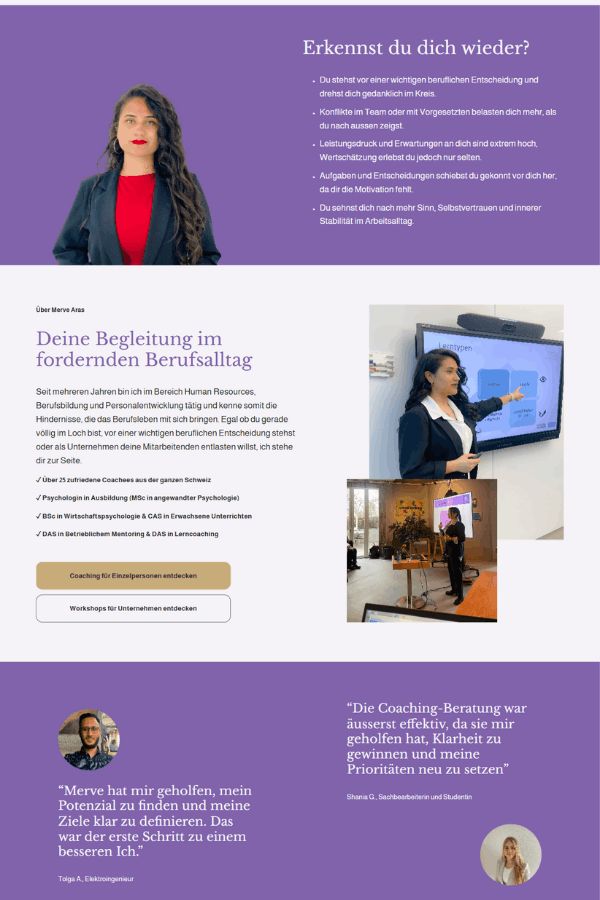 Screenshot einer professionellen Webseite für Aras Coaching aus Zuchwil Schweiz